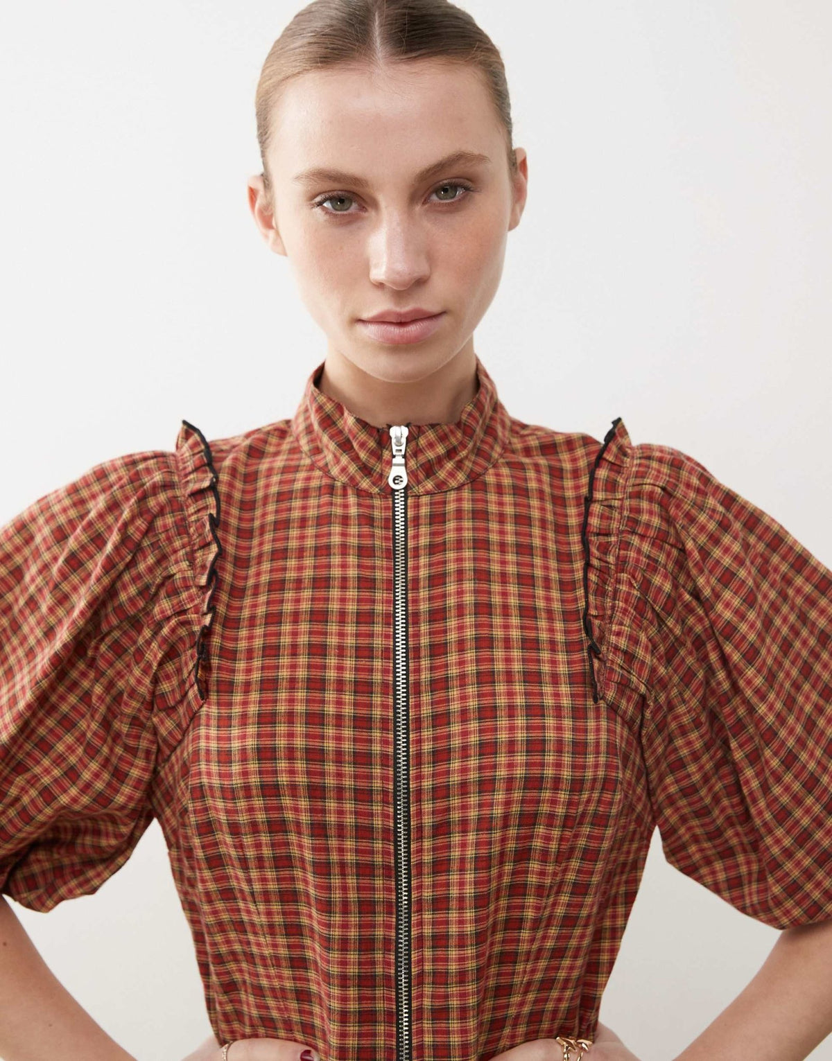 COLLUSION puff sleeve mini dress with zip detail in red check - ASOS Sample Sale