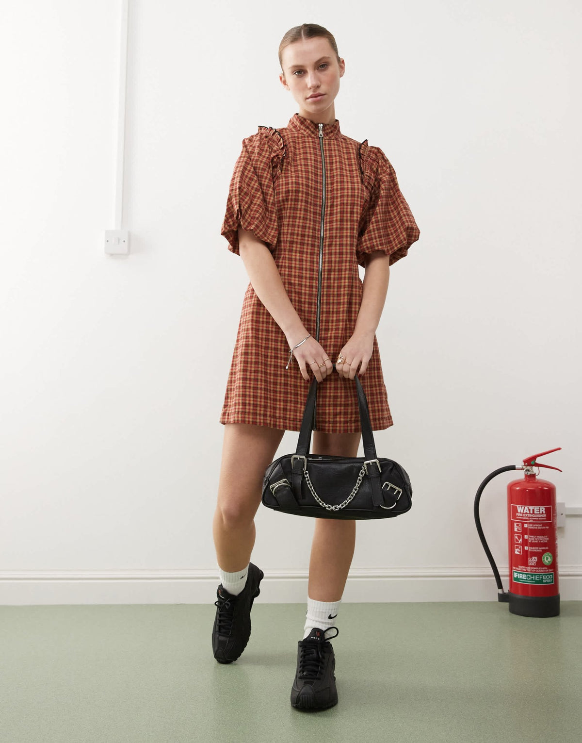 COLLUSION puff sleeve mini dress with zip detail in red check - ASOS Sample Sale