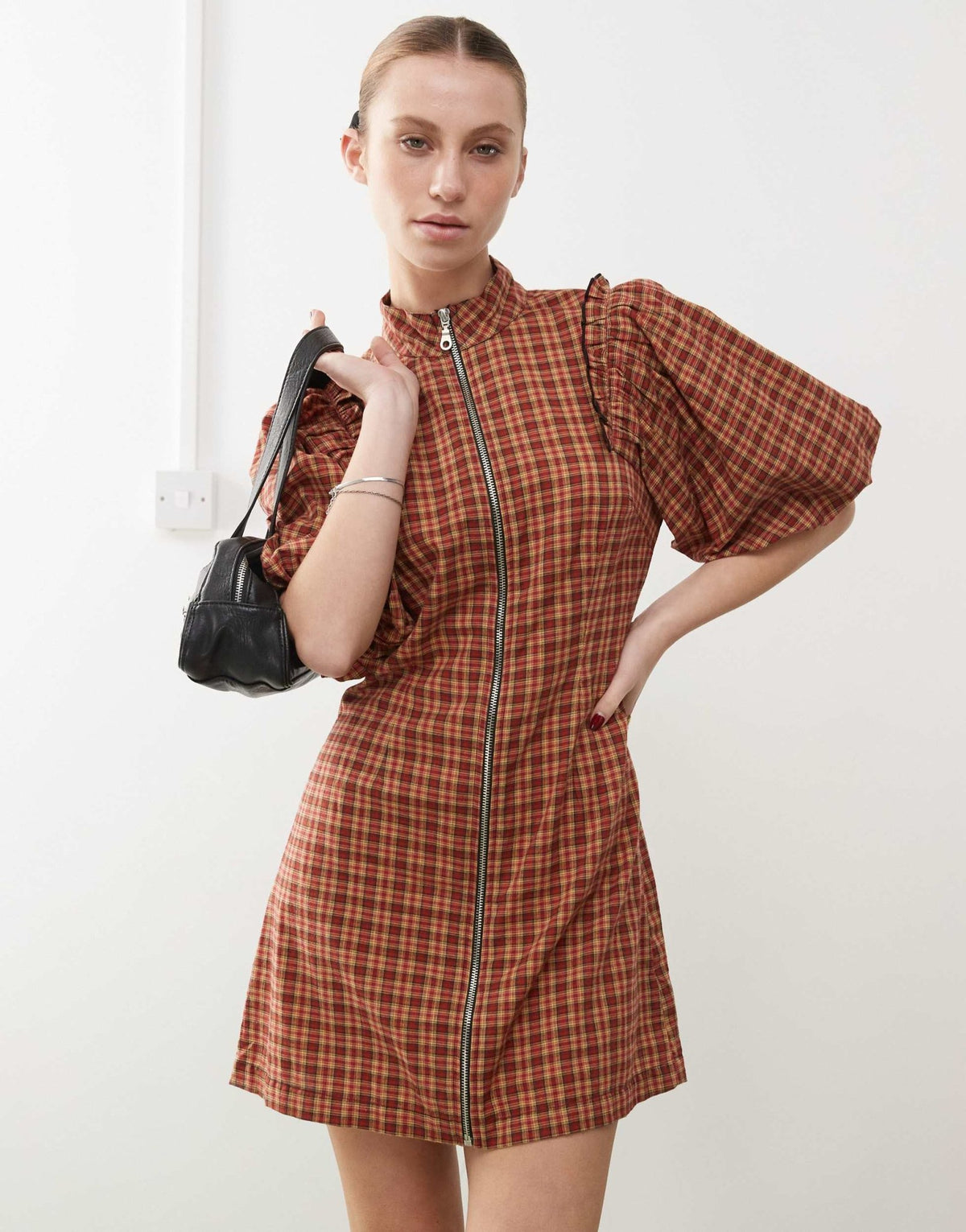 COLLUSION puff sleeve mini dress with zip detail in red check - ASOS Sample Sale