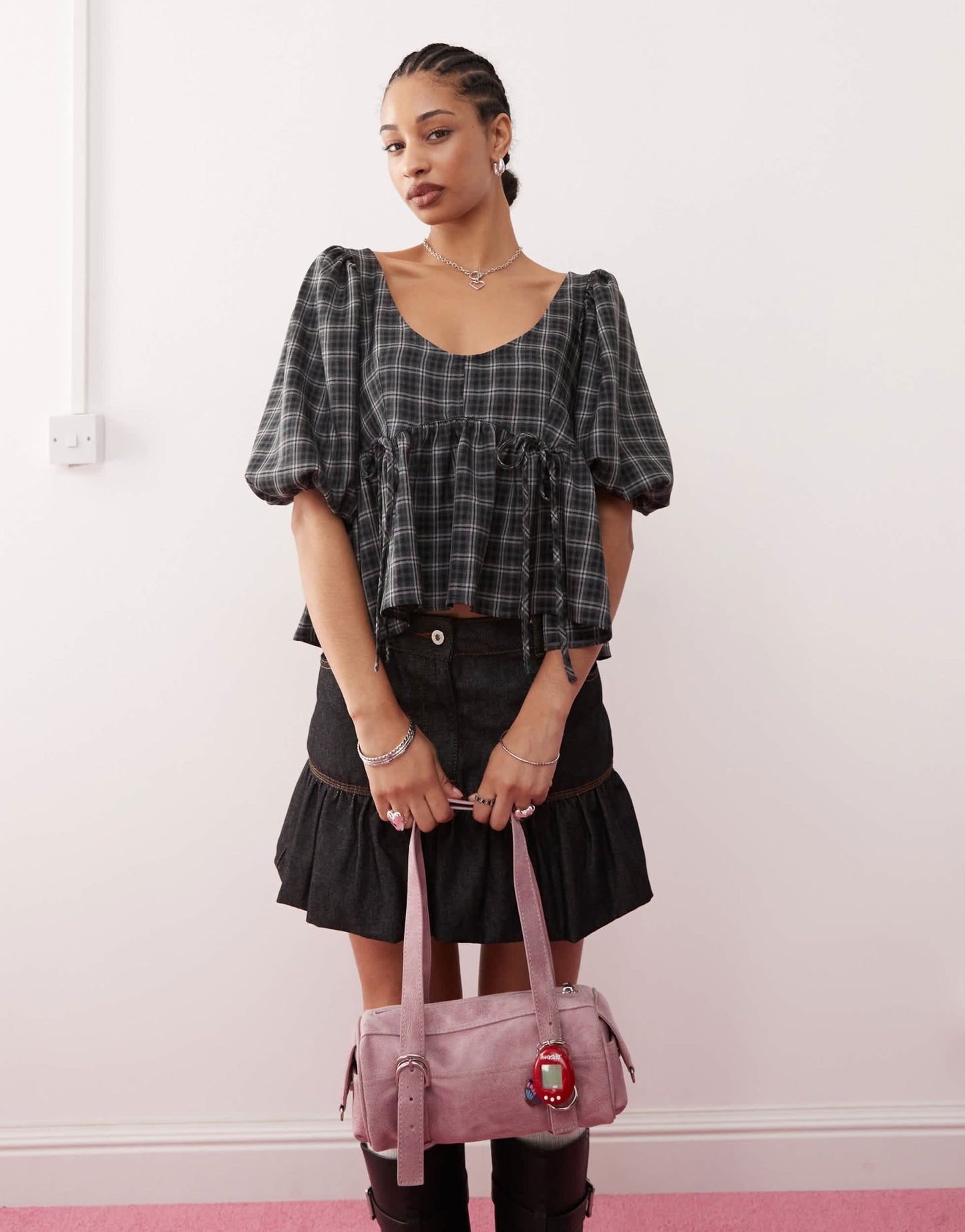 COLLUSION puff sleeve smock top with bunny tie detail in grey check - ASOS Sample Sale