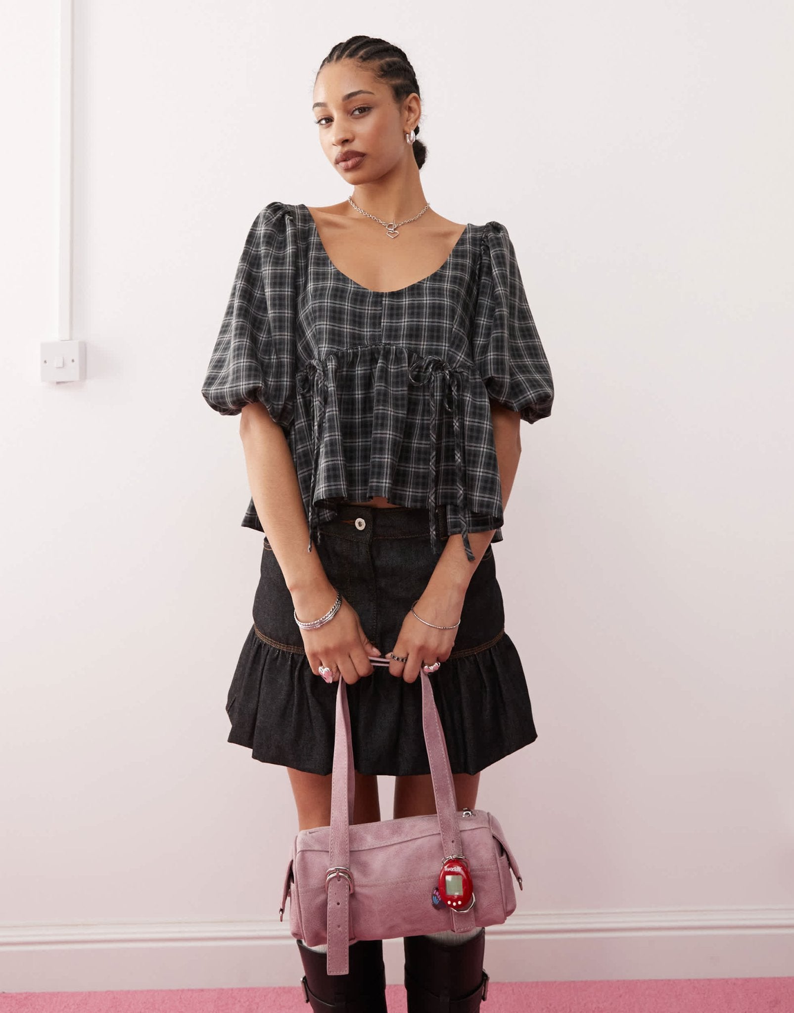 COLLUSION puff sleeve smock top with bunny tie detail in grey check - ASOS Sample Sale