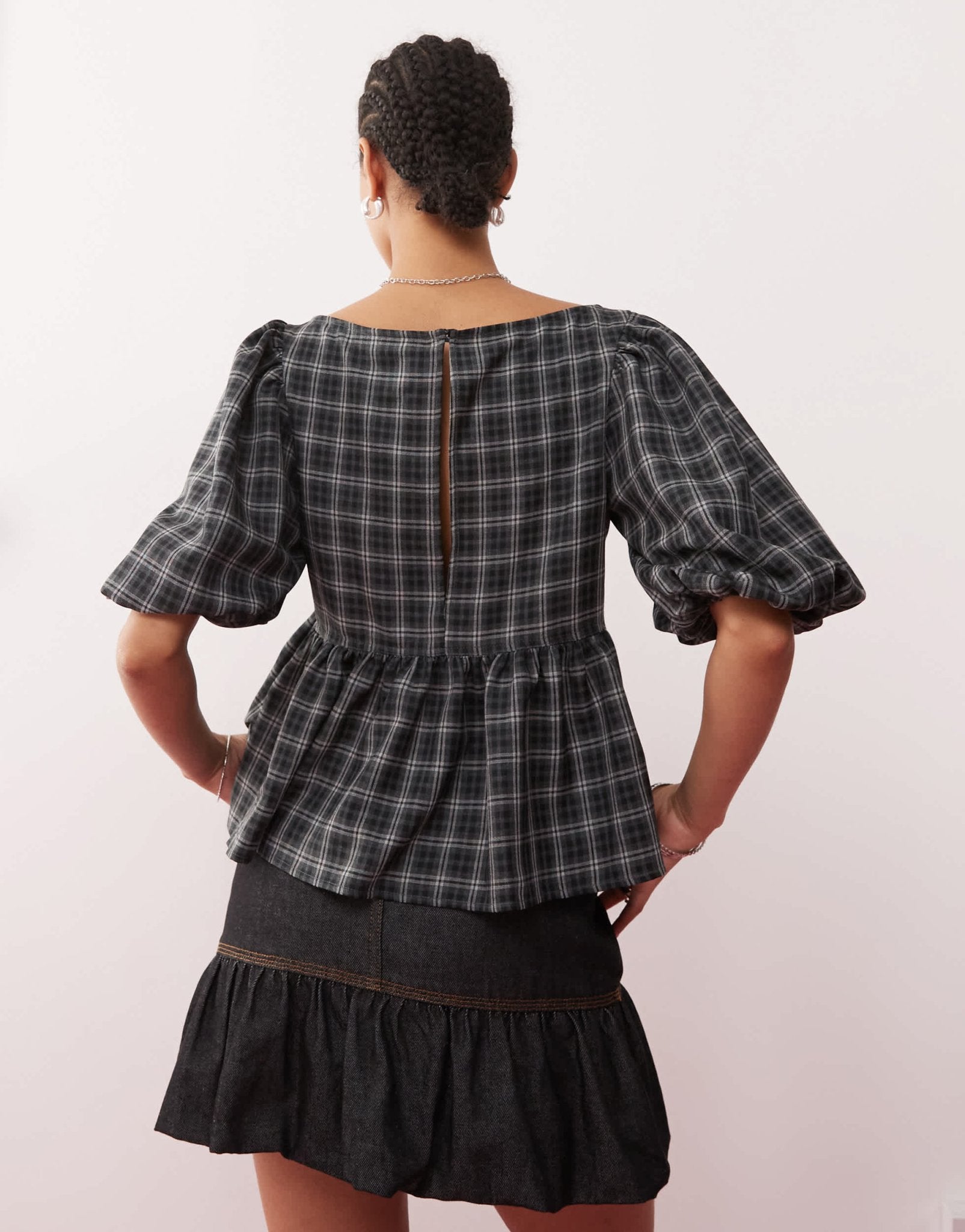 COLLUSION puff sleeve smock top with bunny tie detail in grey check - ASOS Sample Sale