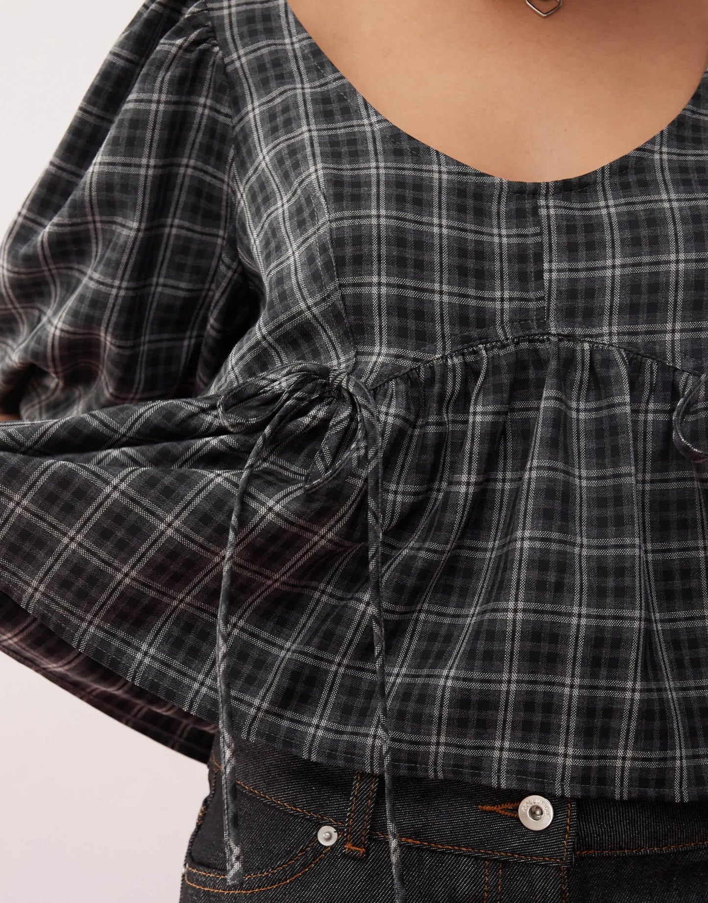 COLLUSION puff sleeve smock top with bunny tie detail in grey check - ASOS Sample Sale