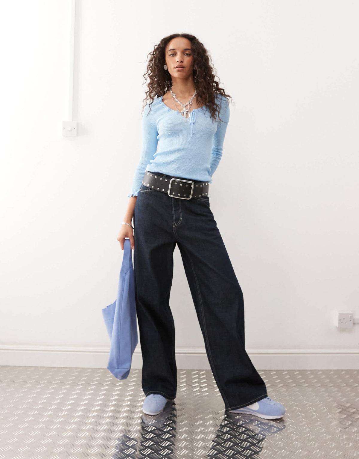 COLLUSION sheer knitted long sleeve top in baby blue - ASOS Sample Sale