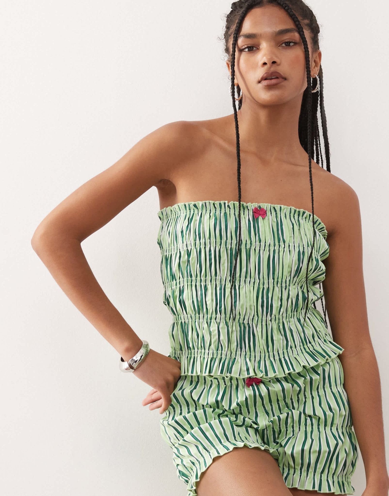 COLLUSION shirred bandeau top co-ord in green stripe - ASOS Sample Sale
