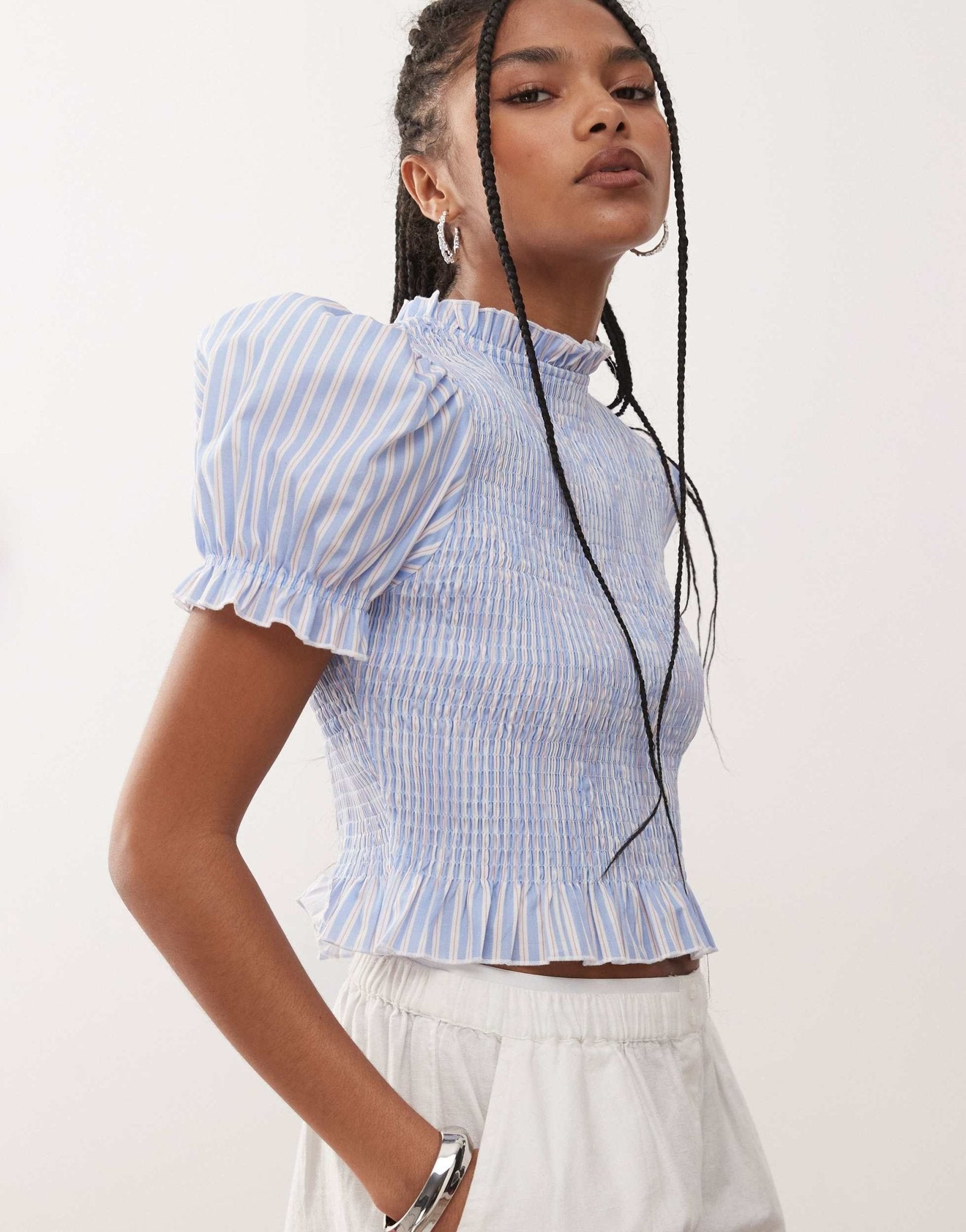 COLLUSION shirred blouse in blue and white stripe - ASOS Sample Sale