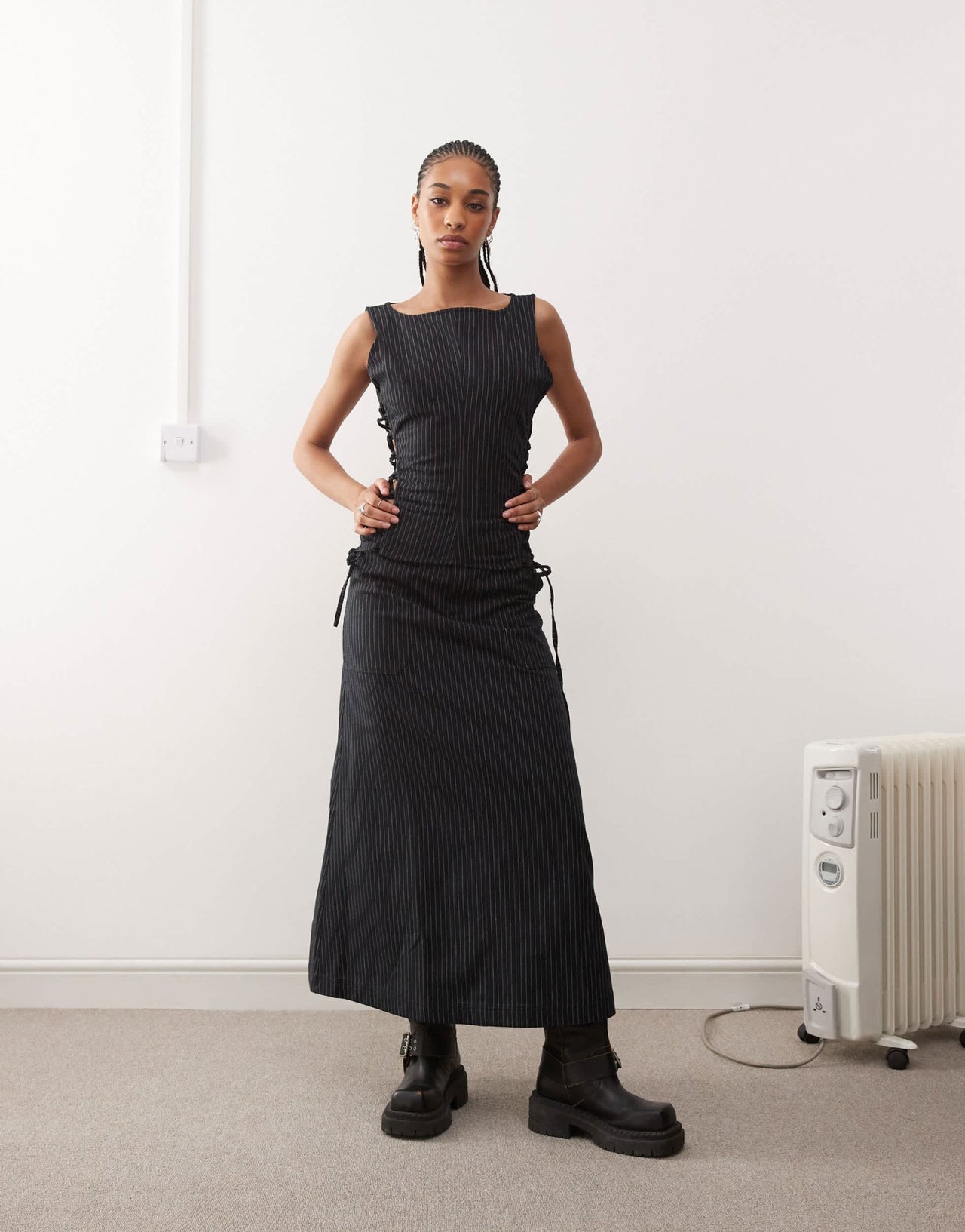 COLLUSION slash neck top co ord with lace up detail in black pinstripe - ASOS Sample Sale