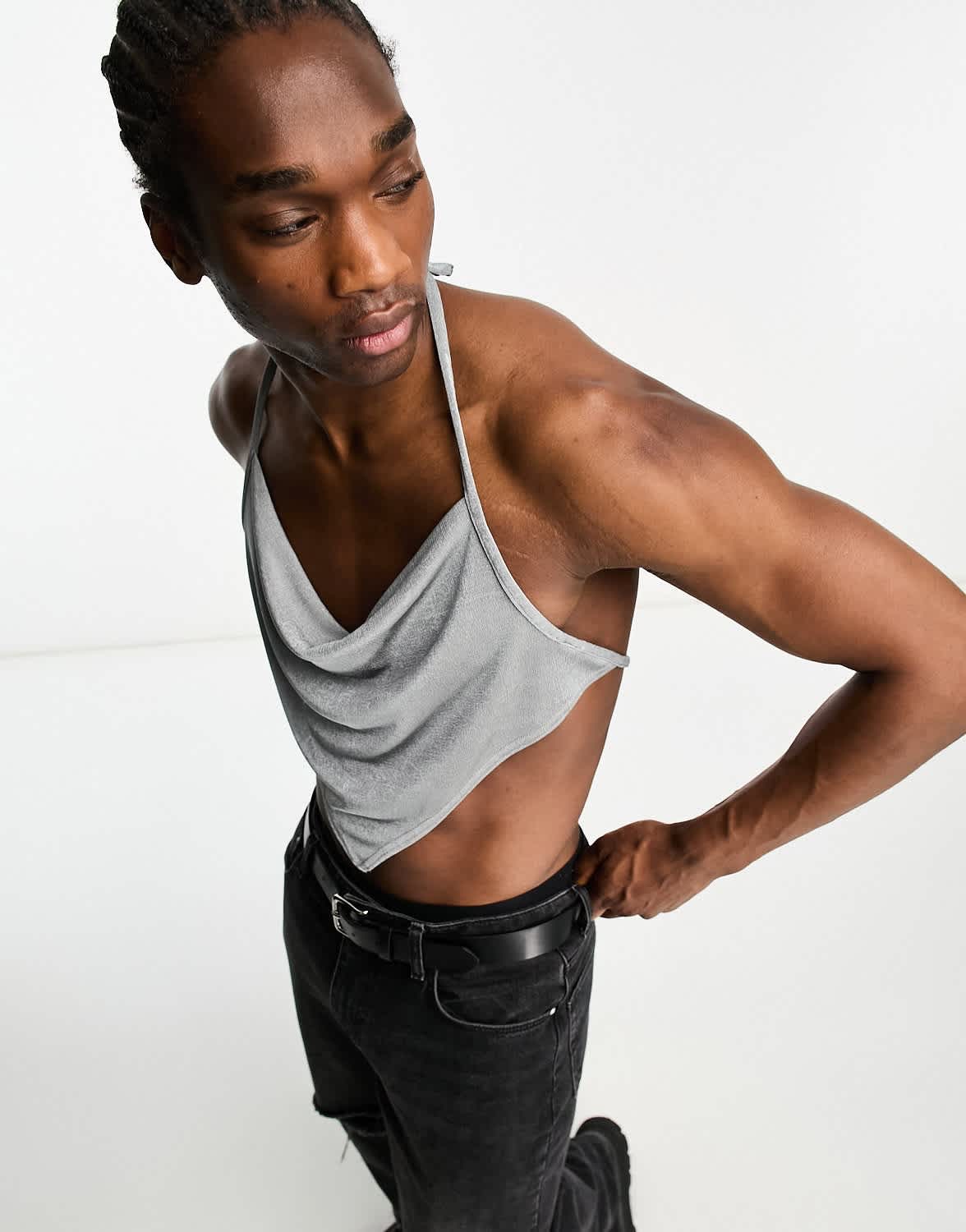 COLLUSION slinky waterfall scoop neck halter top in silver - ASOS Sample Sale