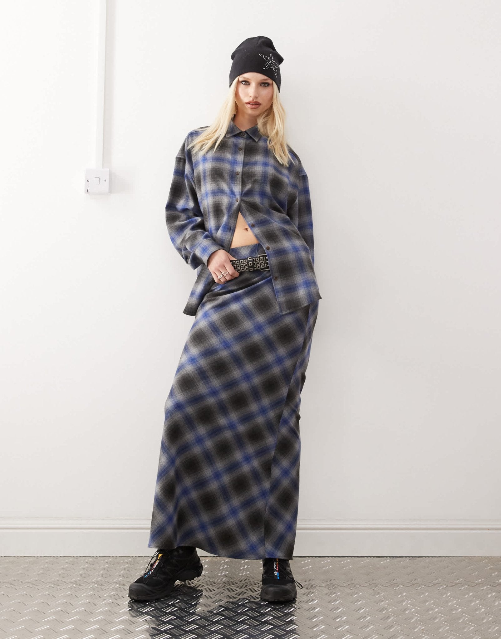 COLLUSION slip maxi skirt in grey and blue check - ASOS Sample Sale