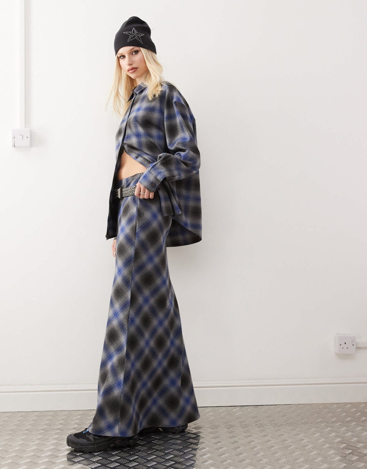 COLLUSION slip maxi skirt in grey and blue check - ASOS Sample Sale