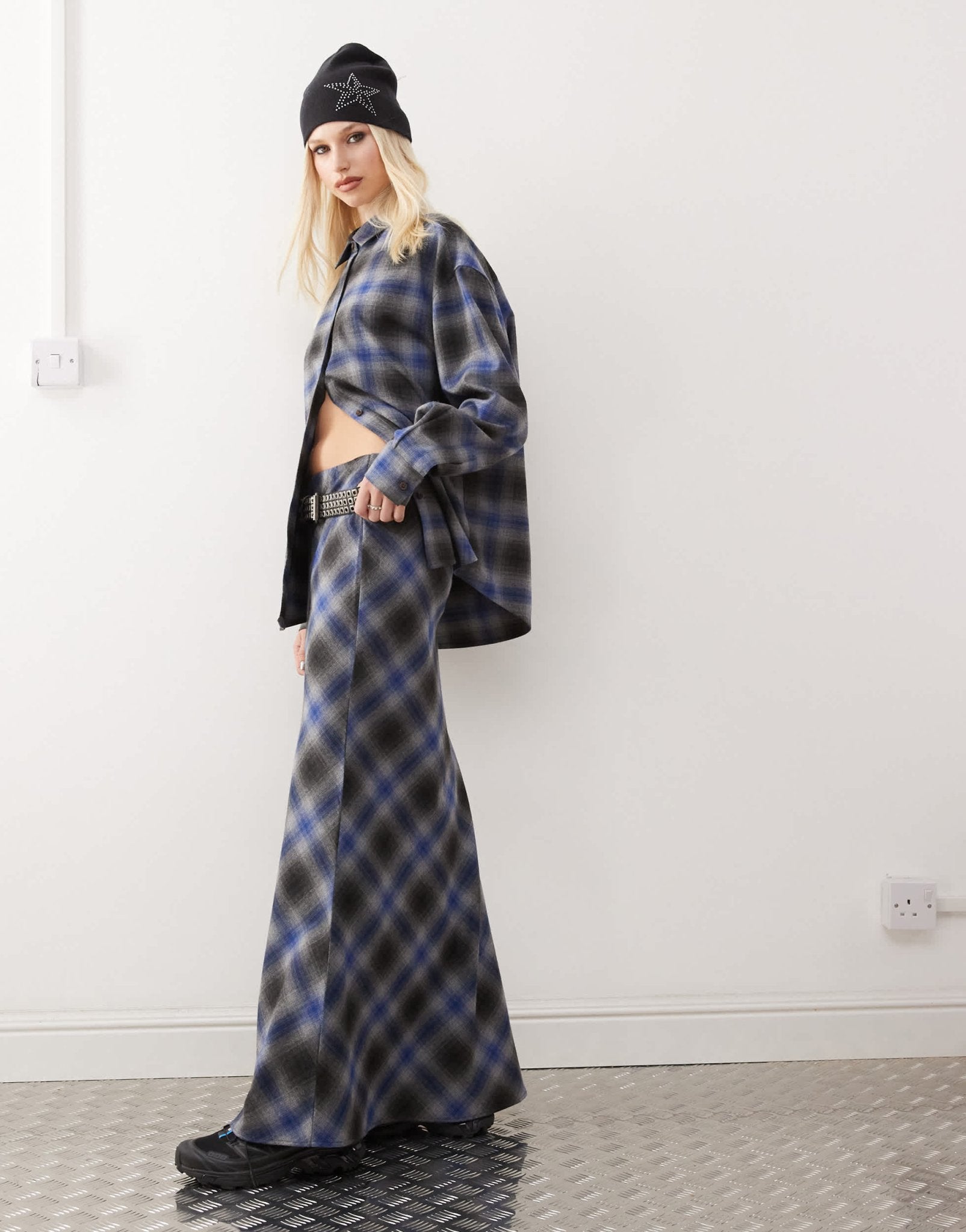 COLLUSION slip maxi skirt in grey and blue check - ASOS Sample Sale