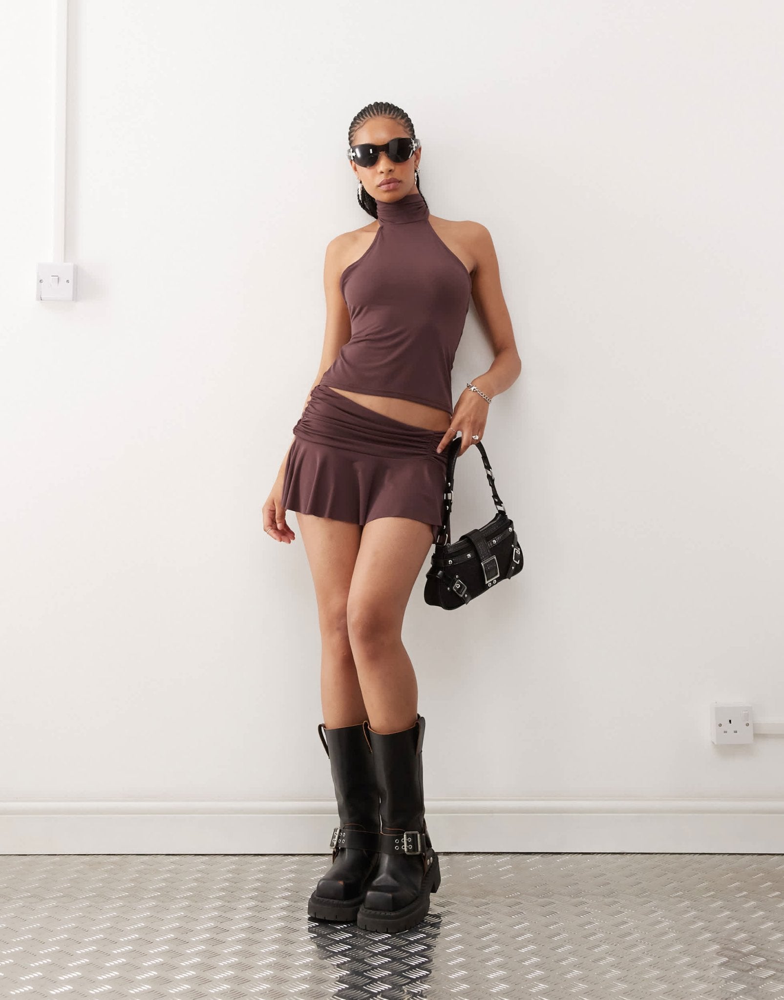 COLLUSION soft slinky micro mini ruched skirt in chocolate co - ord - ASOS Sample Sale
