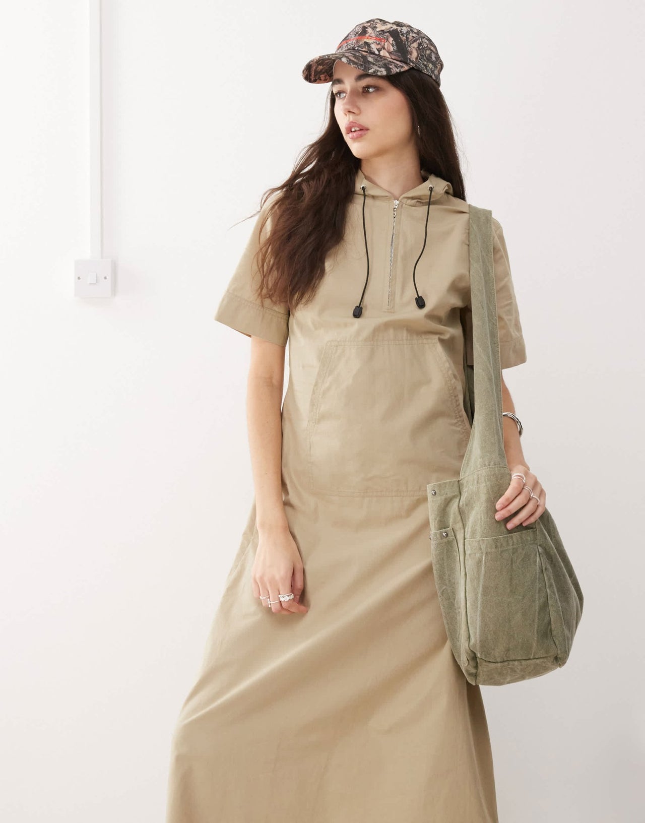 COLLUSION sports hooded A - line maxi dress in stone - ASOS Sample Sale