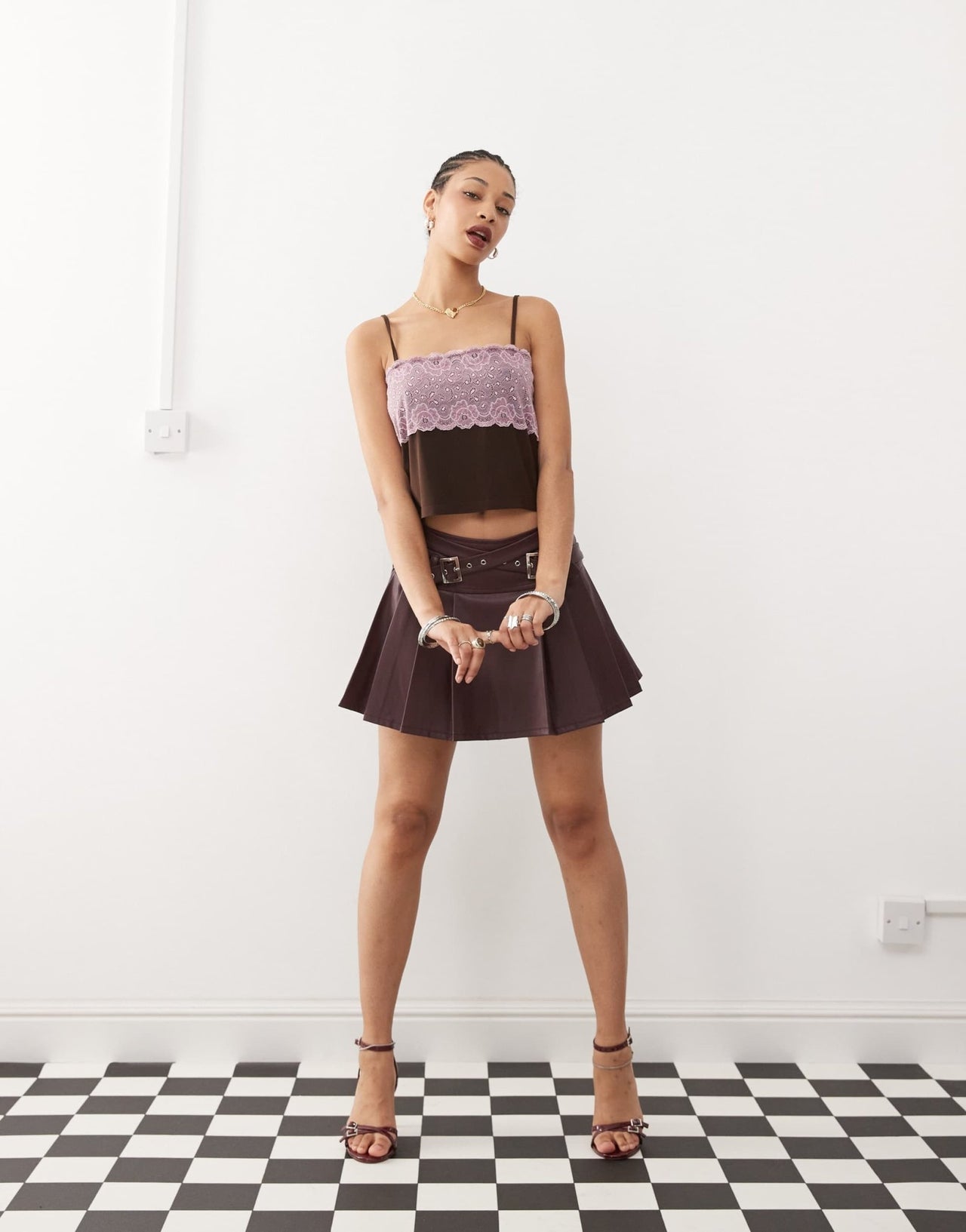 COLLUSION square neck strappy cami in brown mesh with pink lace - ASOS Sample Sale