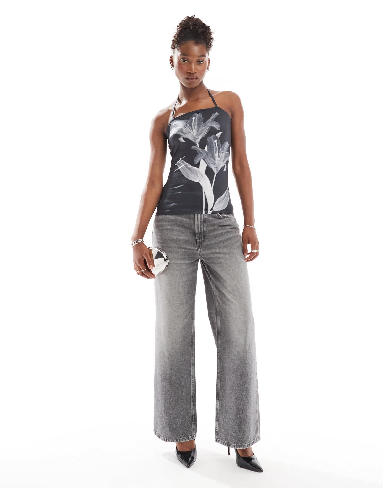 COLLUSION strappy cami longline halter in mono floral - ASOS Sample Sale