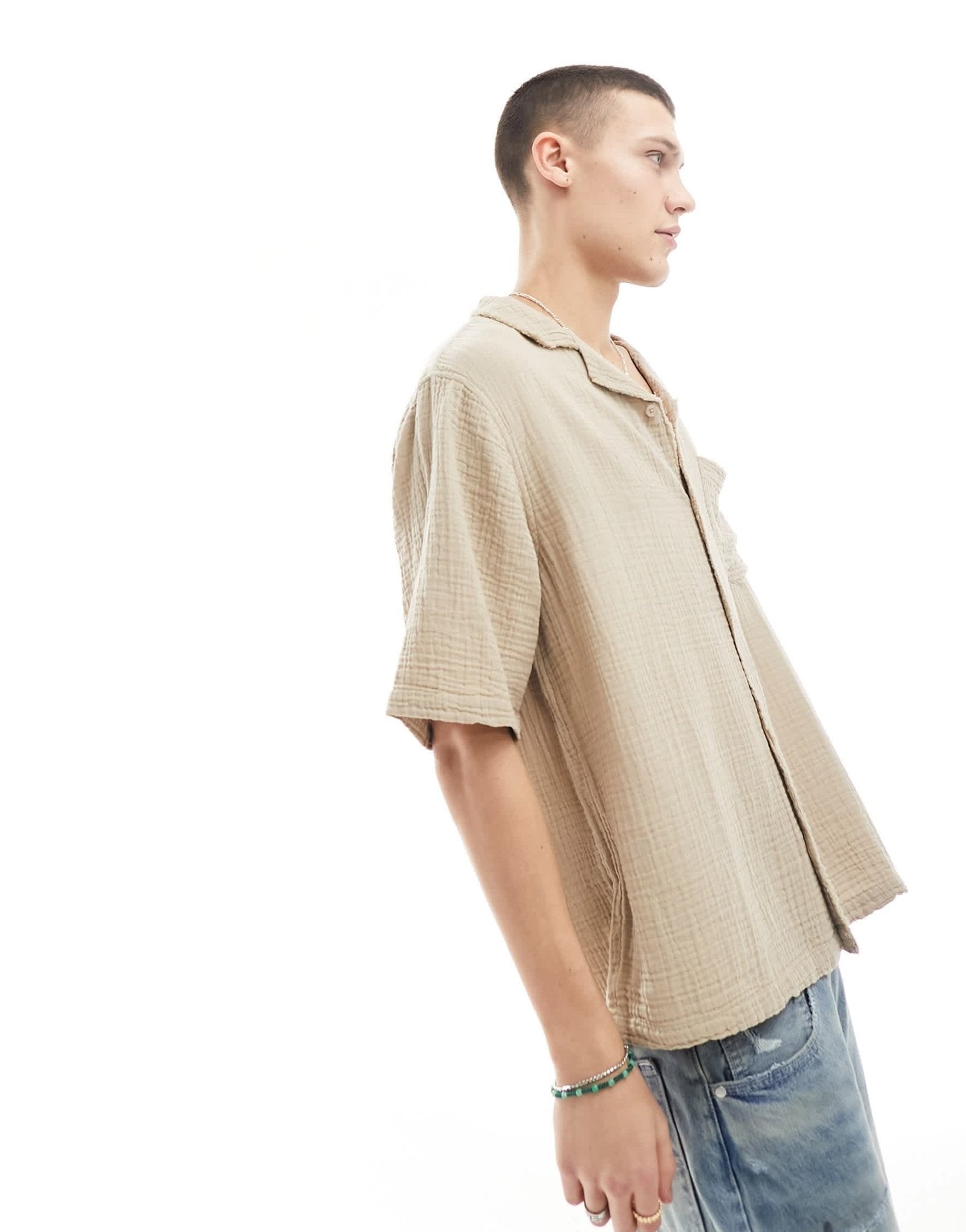 COLLUSION textured oversized revere short sleeve shirt with raw seam detail in ecru - ASOS Sample Sale