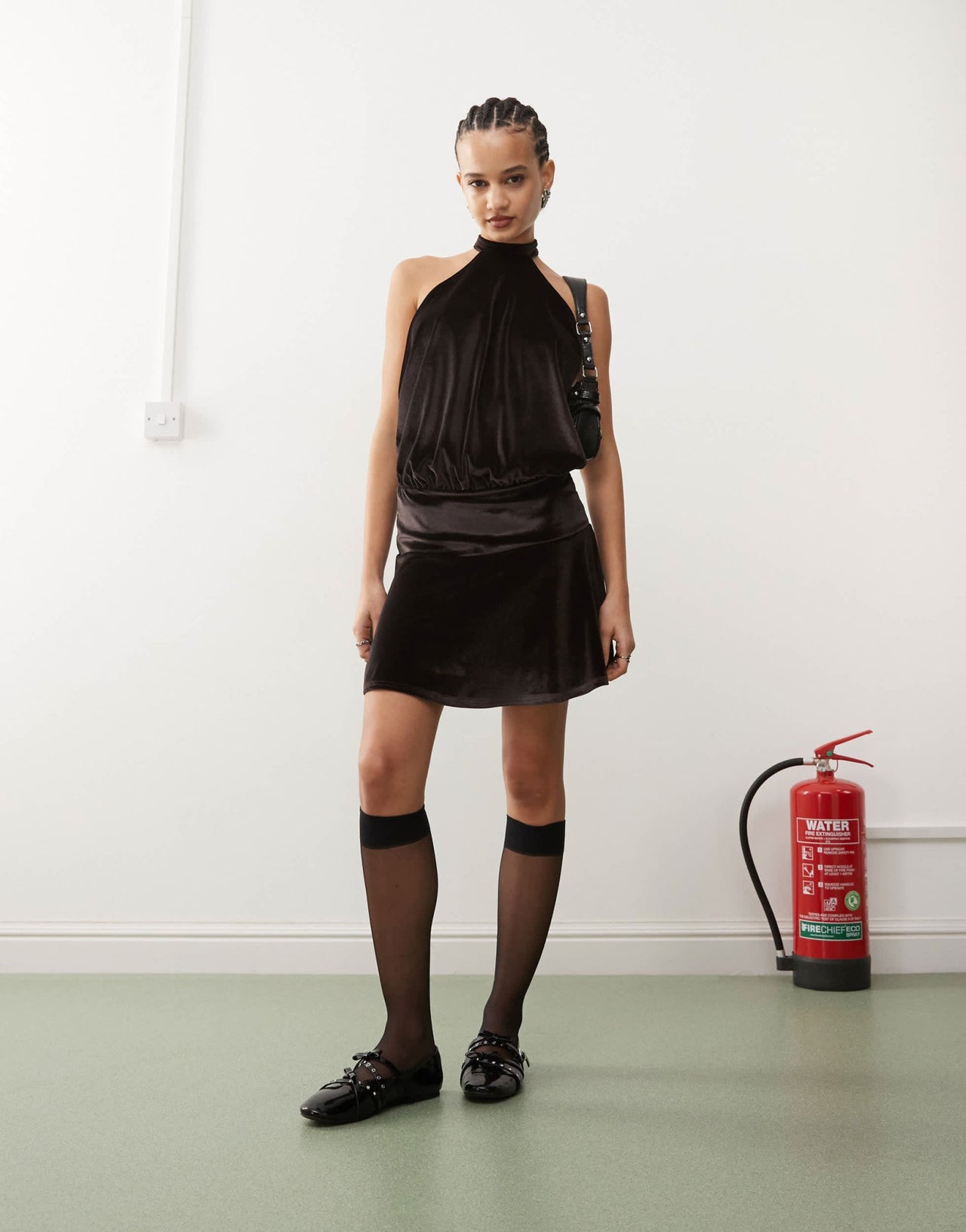 COLLUSION tie halter backless flippy mini dress in dark choc velvet - ASOS Sample Sale