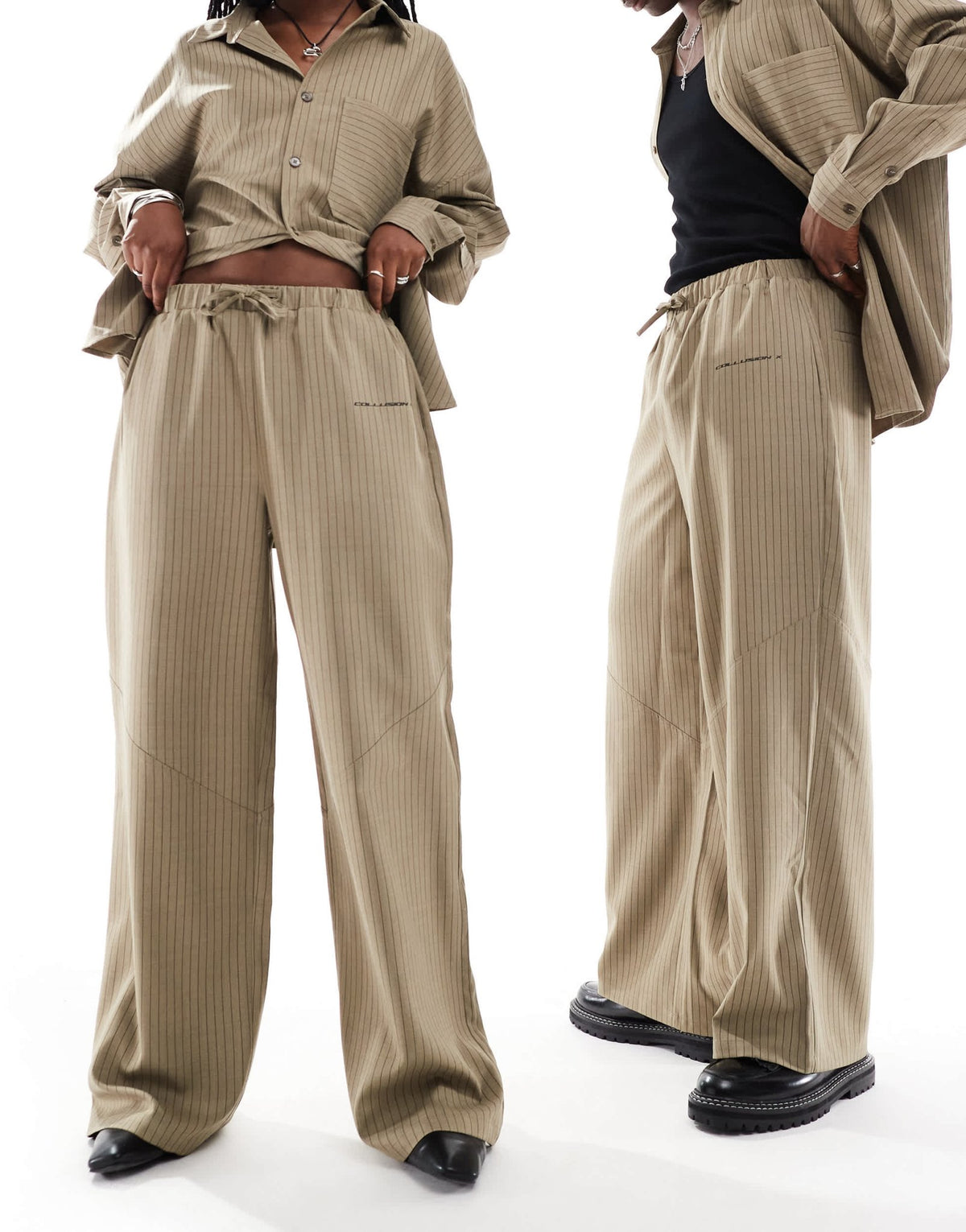 COLLUSION Unisex co - ord balloon trousers in brown pinstripe with print - ASOS Sample Sale