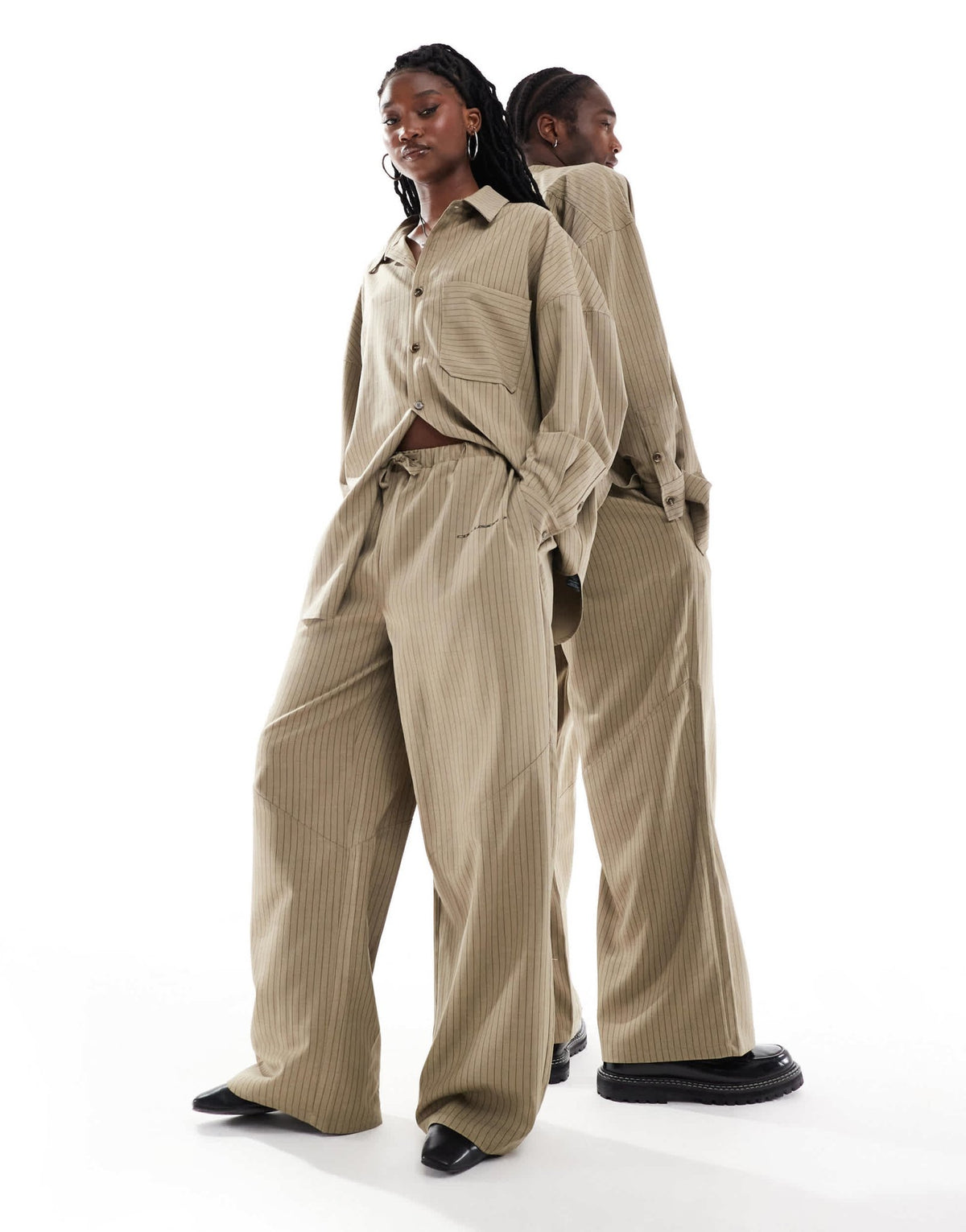 COLLUSION Unisex co - ord balloon trousers in brown pinstripe with print - ASOS Sample Sale