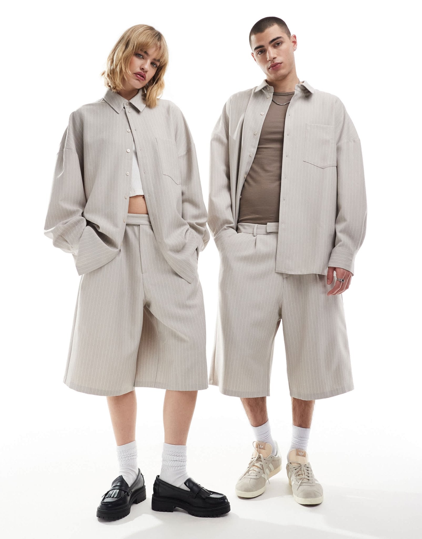 COLLUSION unisex co - ord relaxed wide leg tailored shorts in sand pinstripe - ASOS Sample Sale