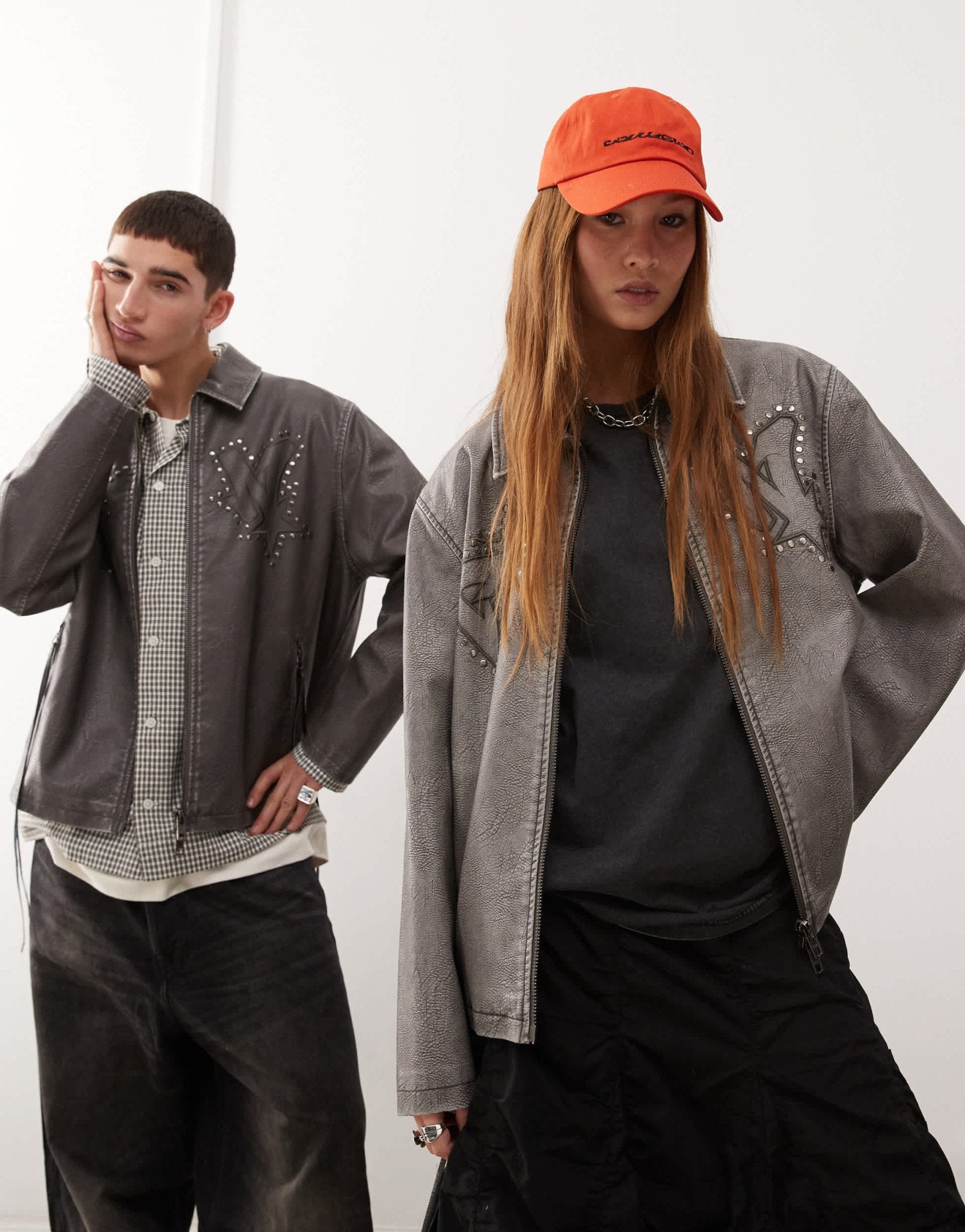 COLLUSION Unisex distressed faux leather harrington jacket with branding in grey - ASOS Sample Sale
