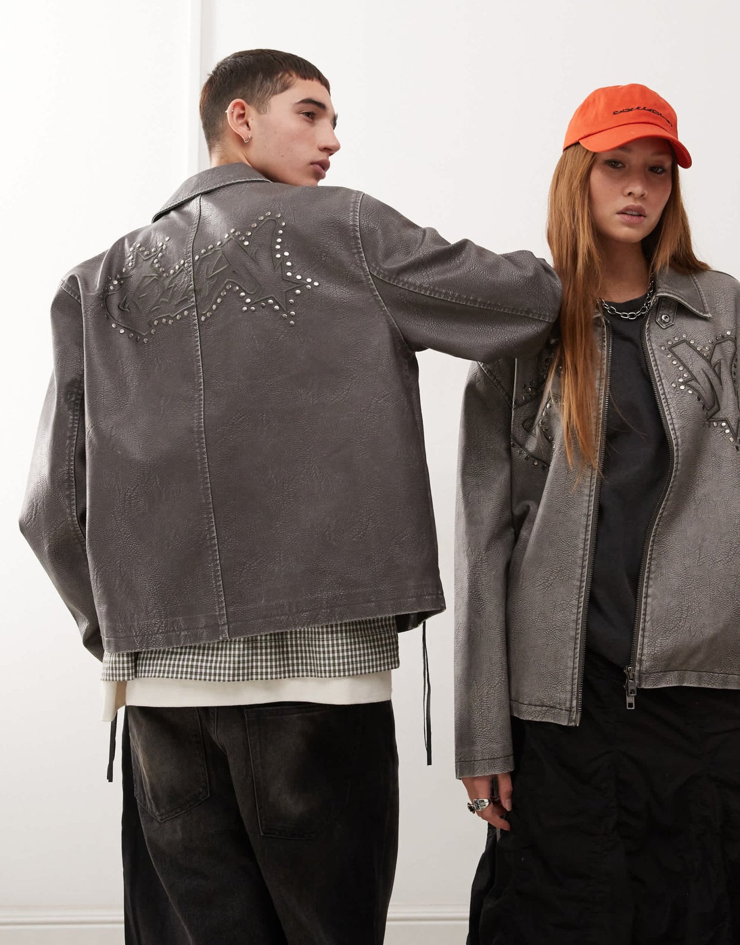 COLLUSION Unisex distressed faux leather harrington jacket with branding in grey - ASOS Sample Sale