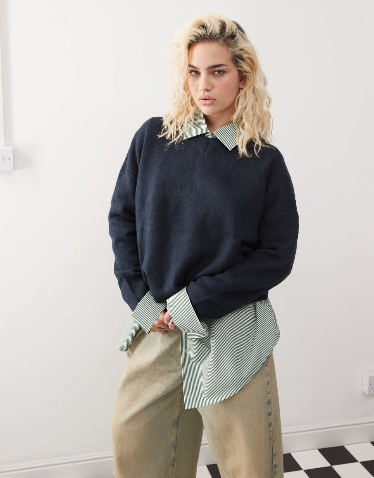 COLLUSION v neck meet and greet jumper with arm rib in navy - ASOS Sample Sale
