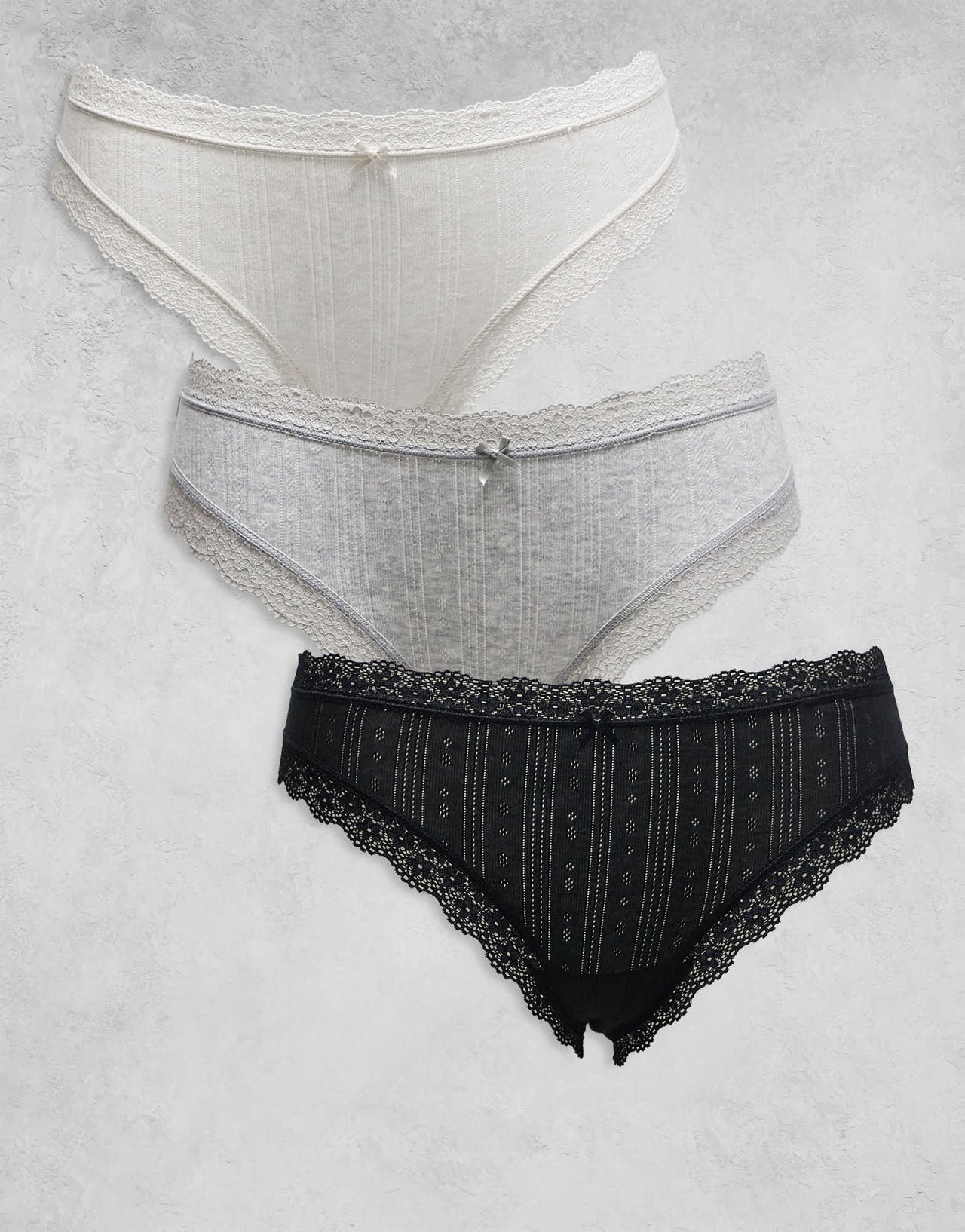 Cotton On 3 pack cotton lace pointelle bikini briefs in black grey and white - ASOS Sample Sale