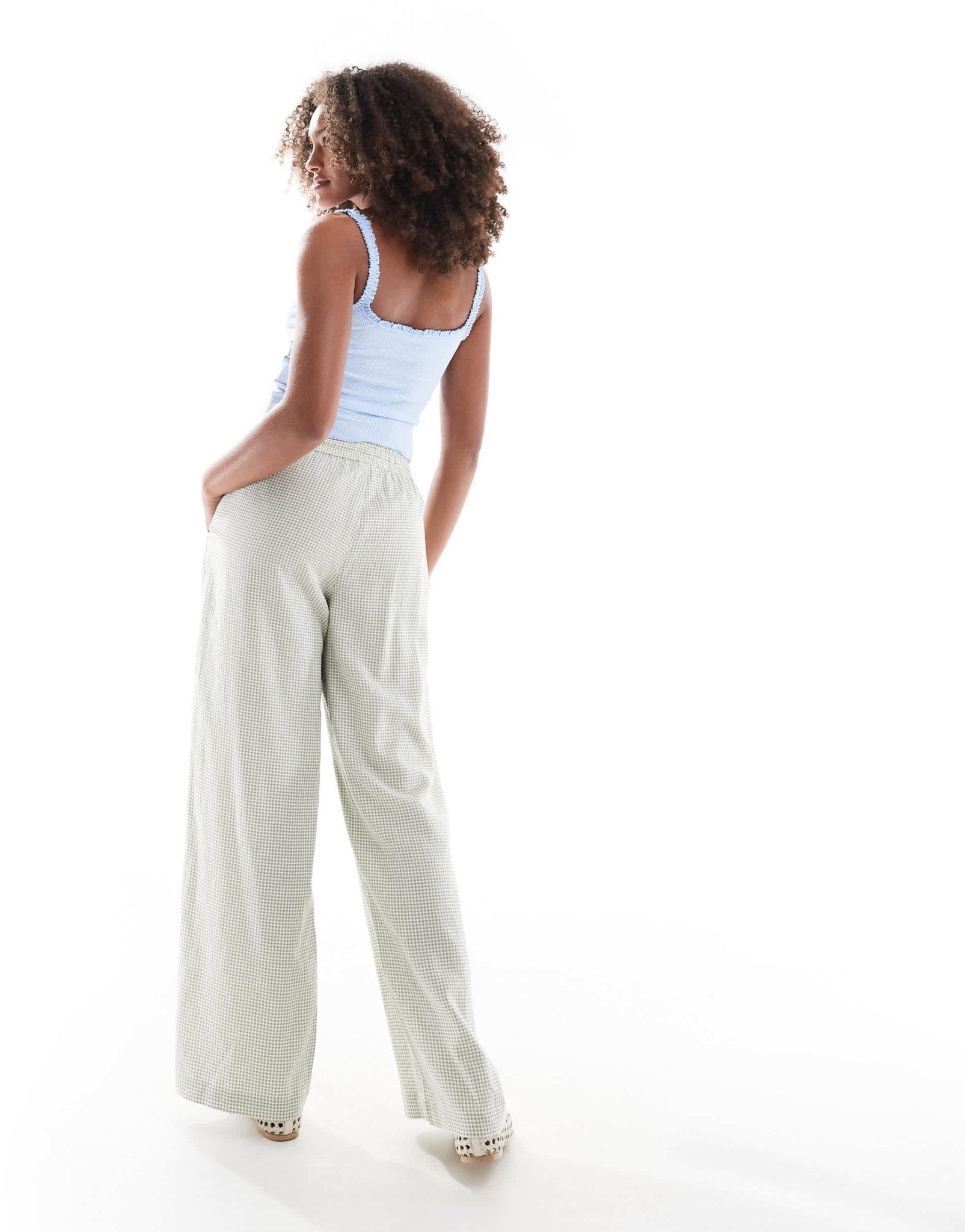 Cotton On 90s haven wide leg linen look trousers in micro green check - ASOS Sample Sale