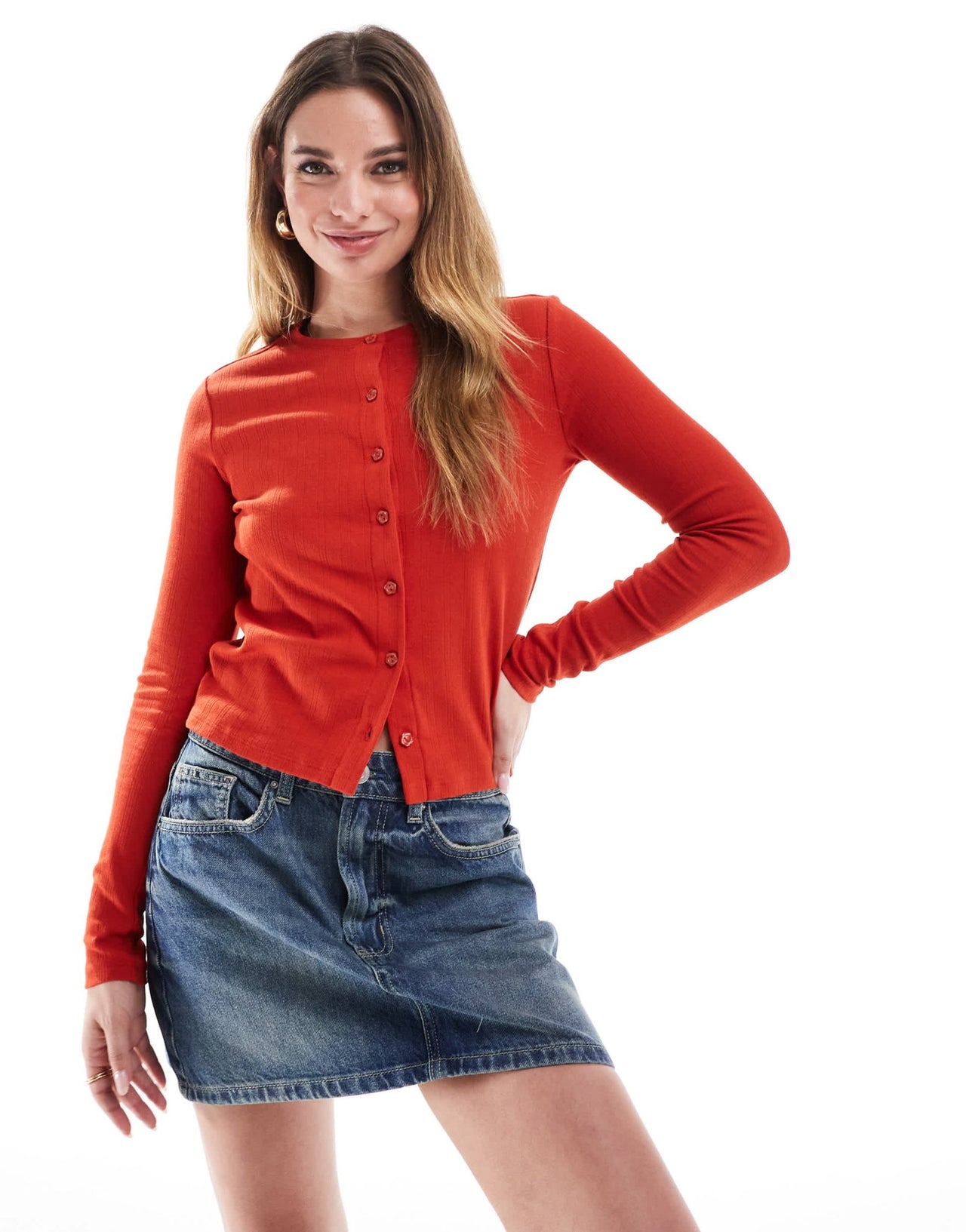 Cotton On button up jersey cardigan in red pointelle - ASOS Sample Sale