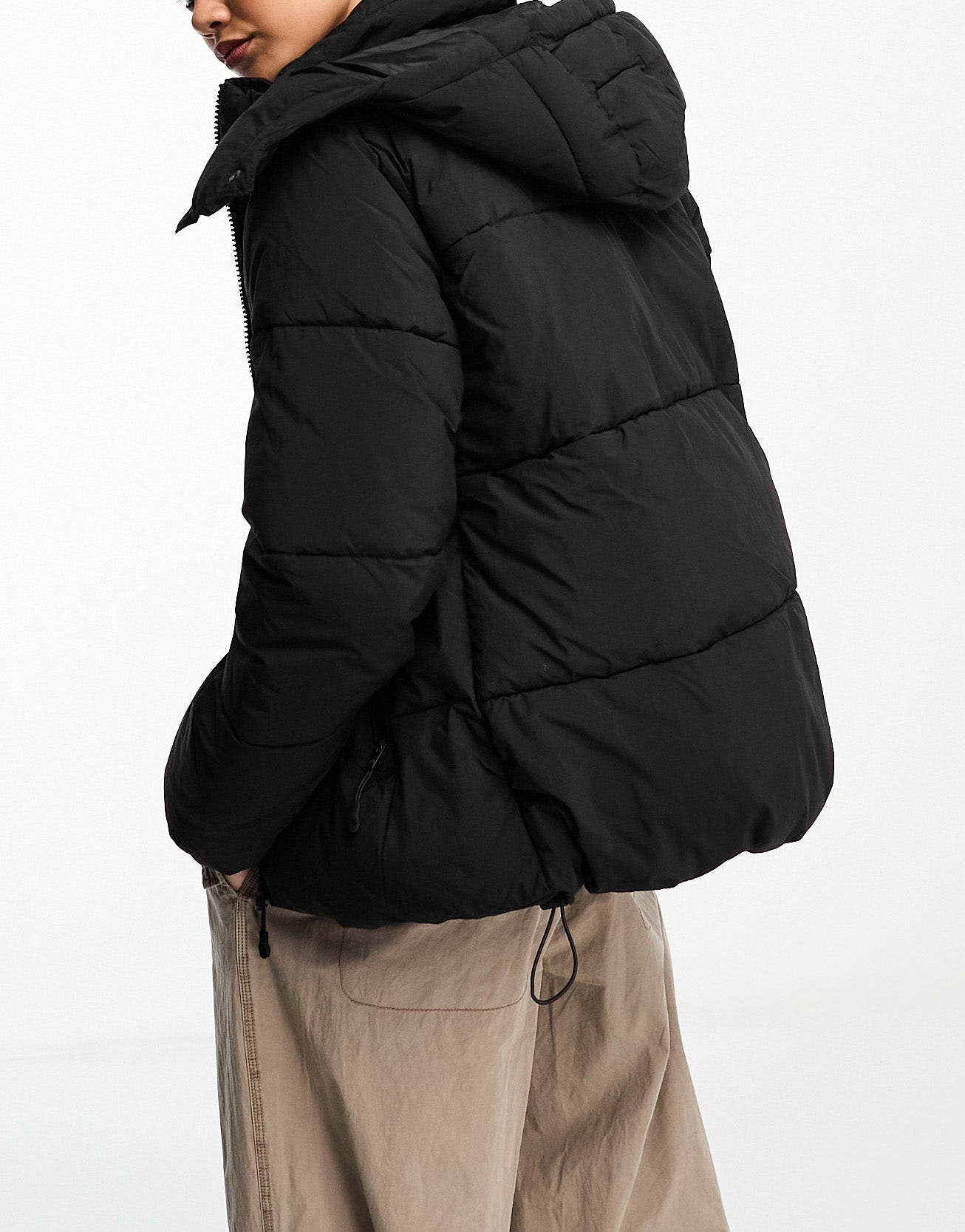 Cotton On button up mother puffer jacket with removable hood in black - ASOS Sample Sale