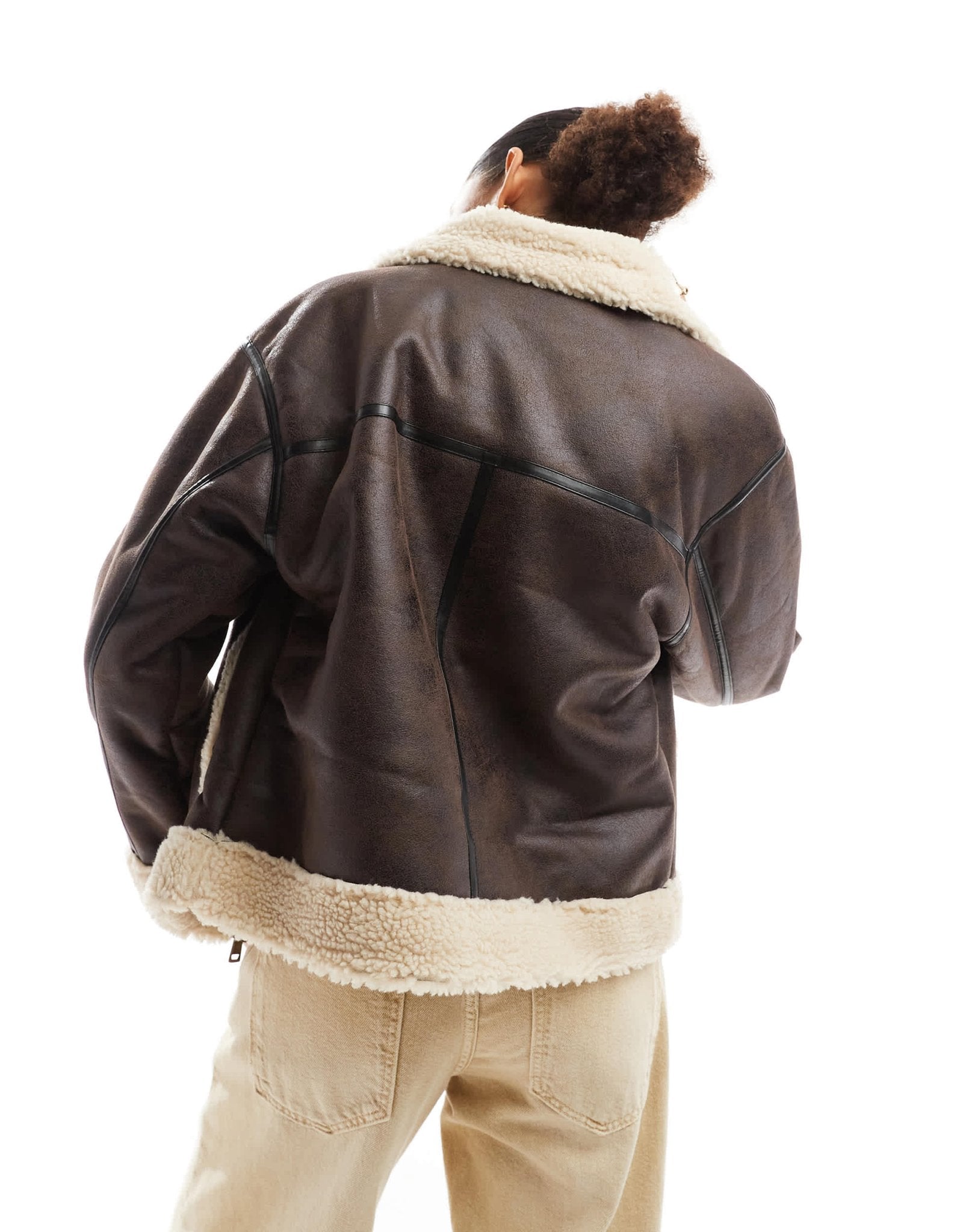 Cotton On dakota faux leather aviator jacket in brown cream - ASOS Sample Sale
