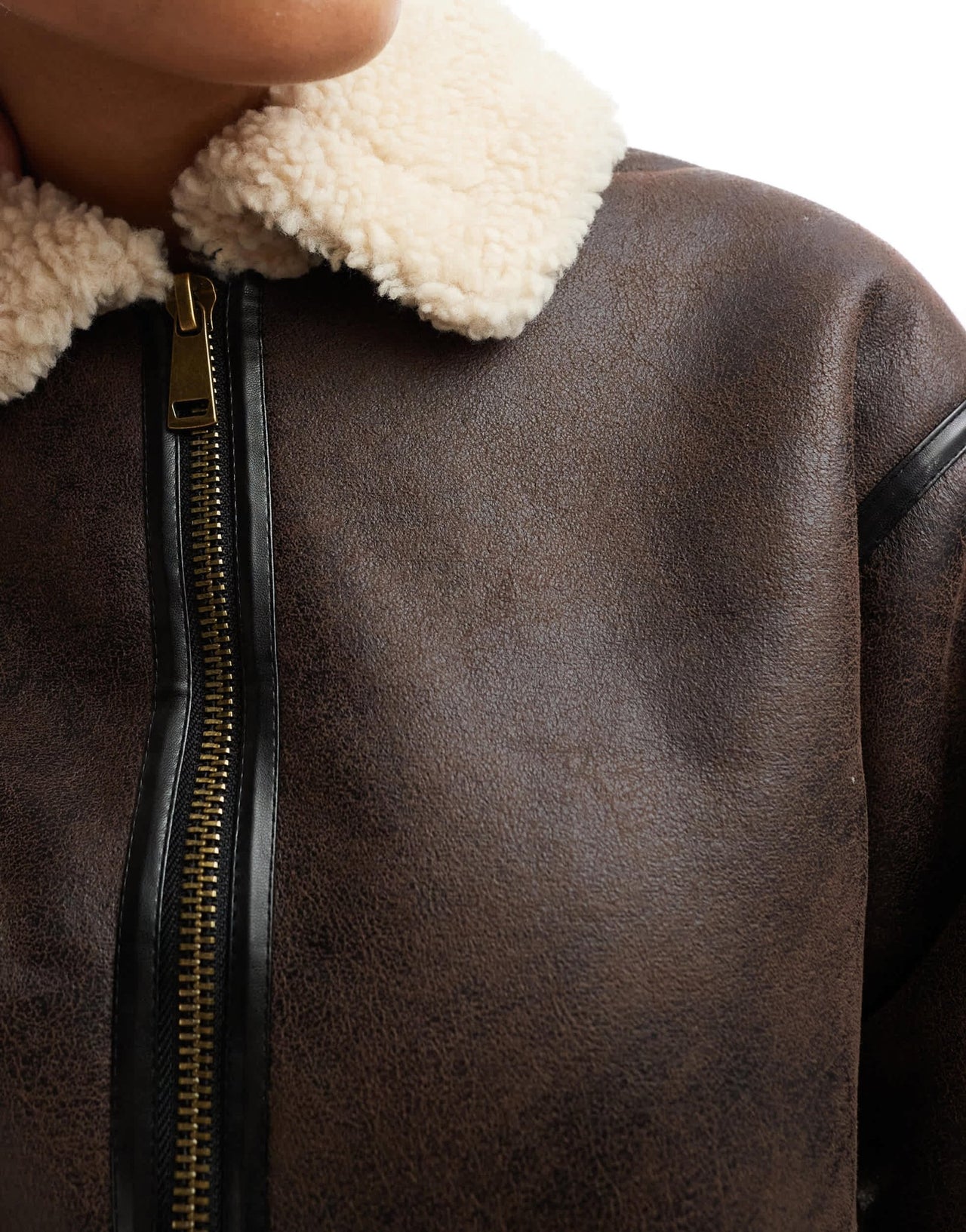 Cotton On dakota faux leather aviator jacket in brown cream - ASOS Sample Sale