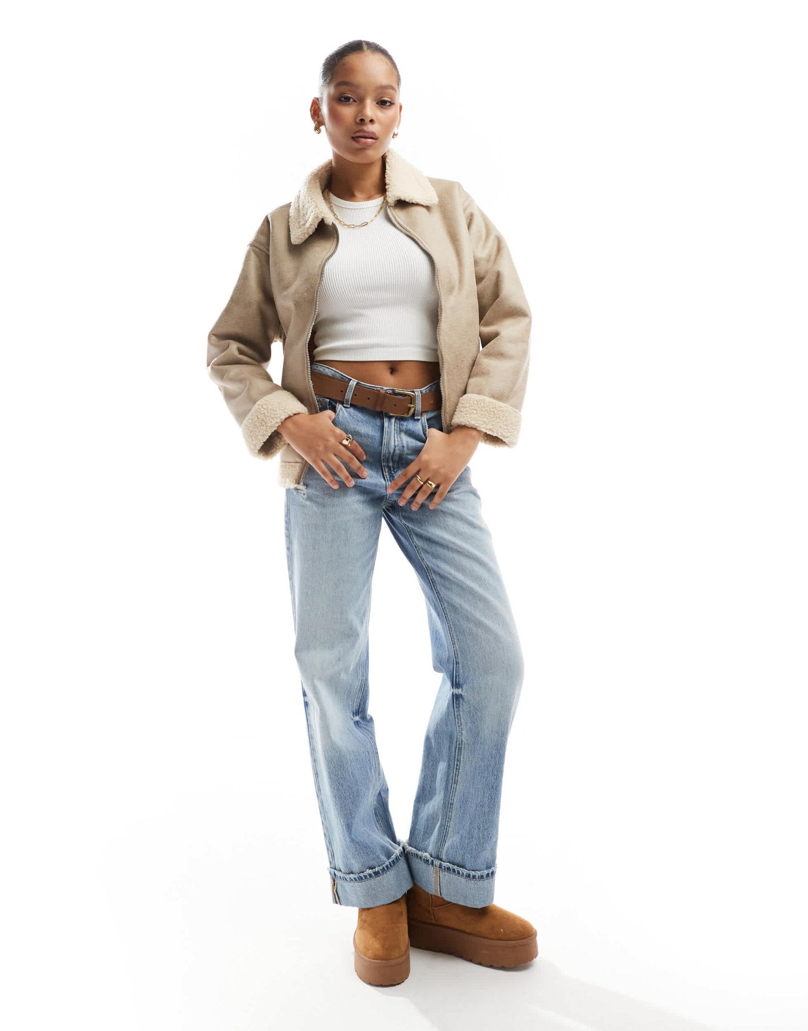 Cotton On dakota faux leather aviator jacket in taupe - ASOS Sample Sale