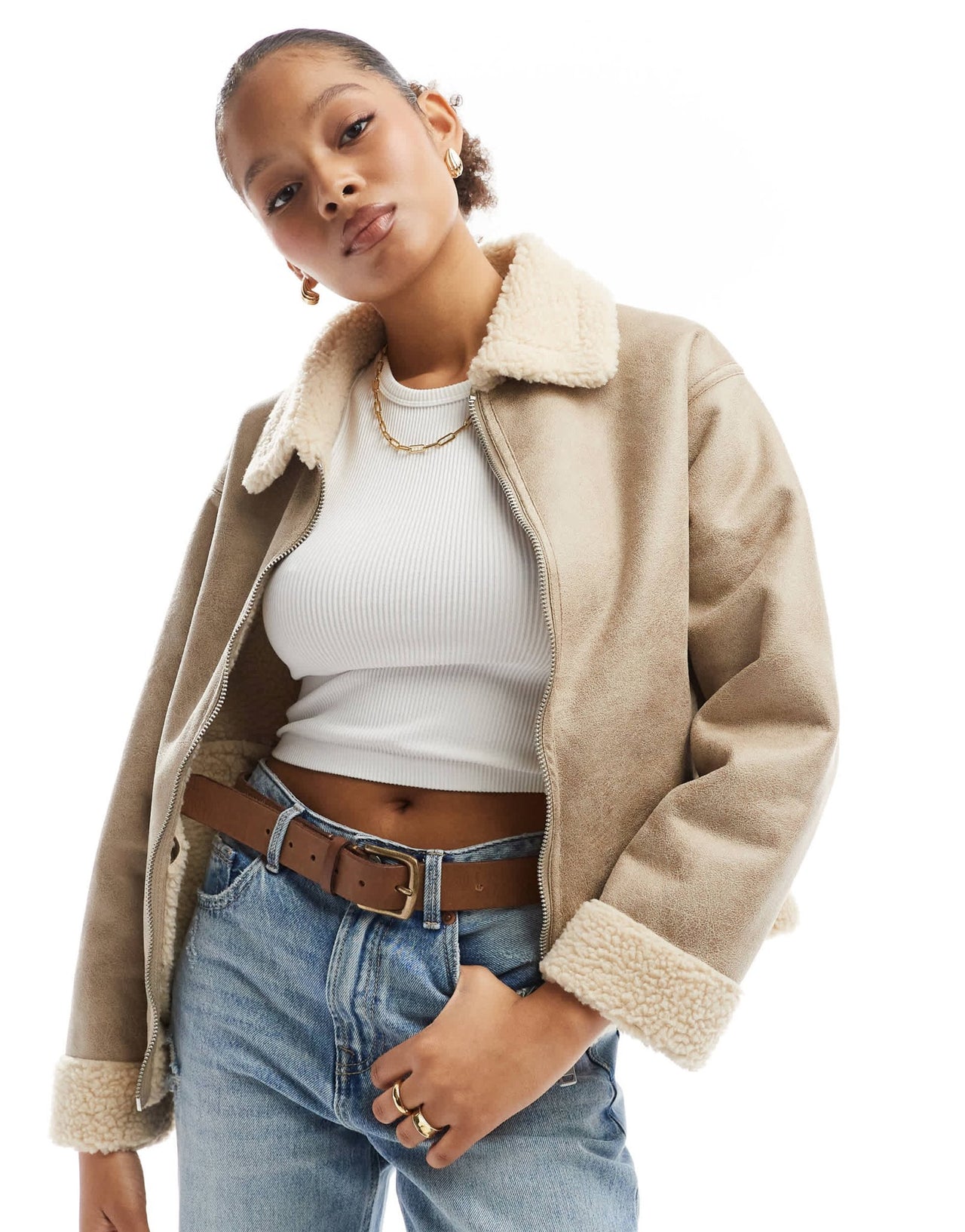 Cotton On dakota faux leather aviator jacket in taupe - ASOS Sample Sale