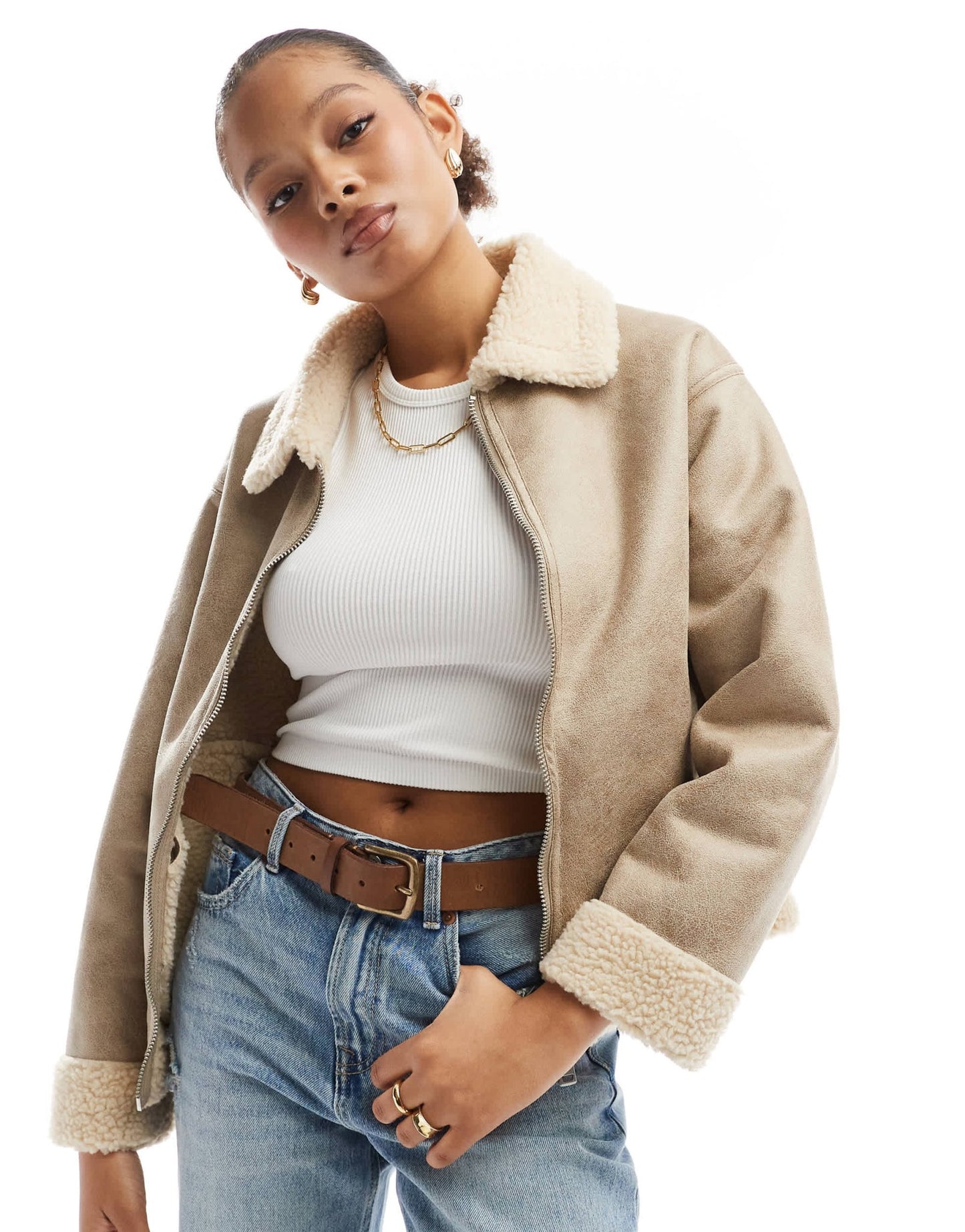 Cotton On dakota faux leather aviator jacket in taupe - ASOS Sample Sale