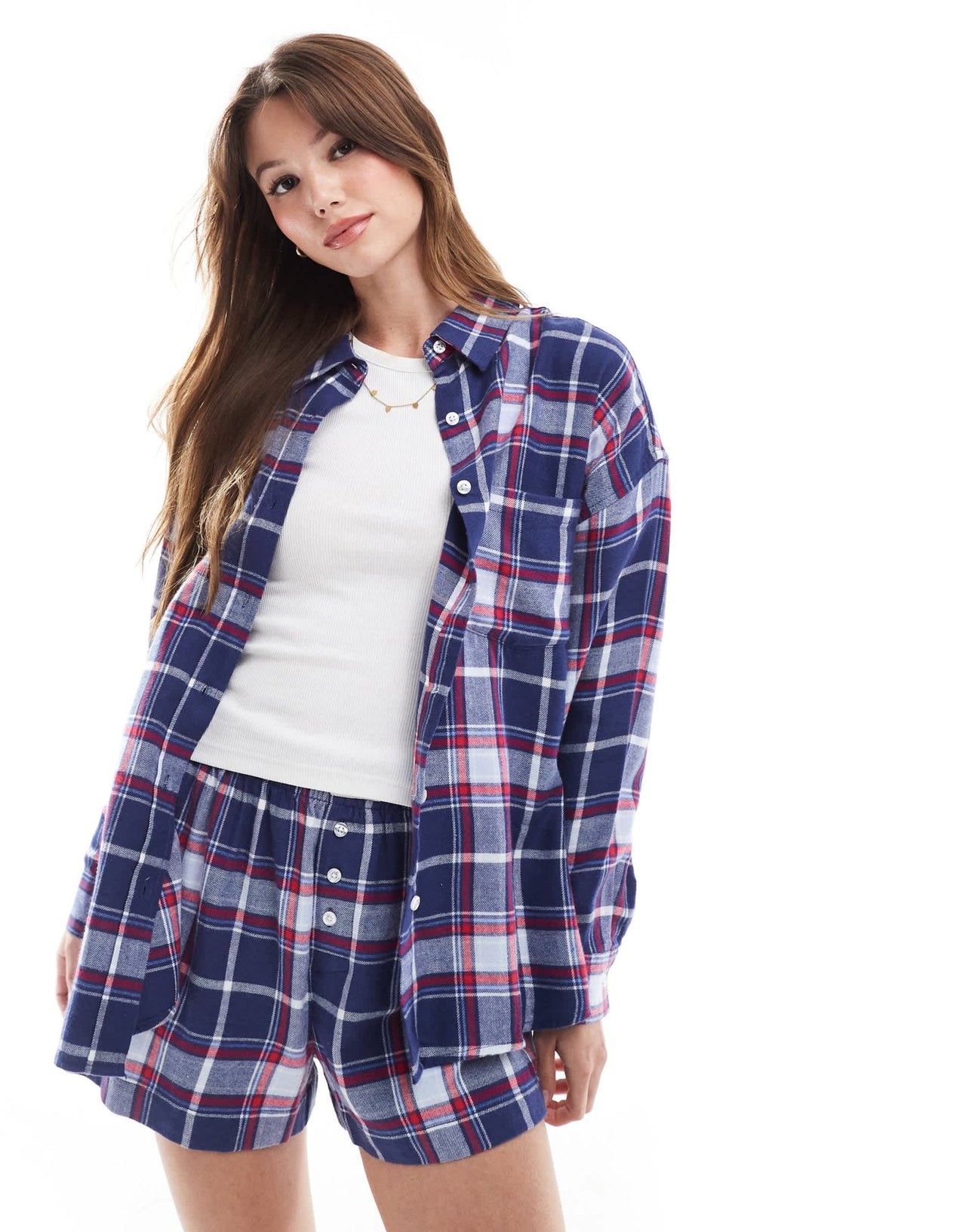 Cotton On flannel boyfriend pyjama shirt in navy and red check - ASOS Sample Sale
