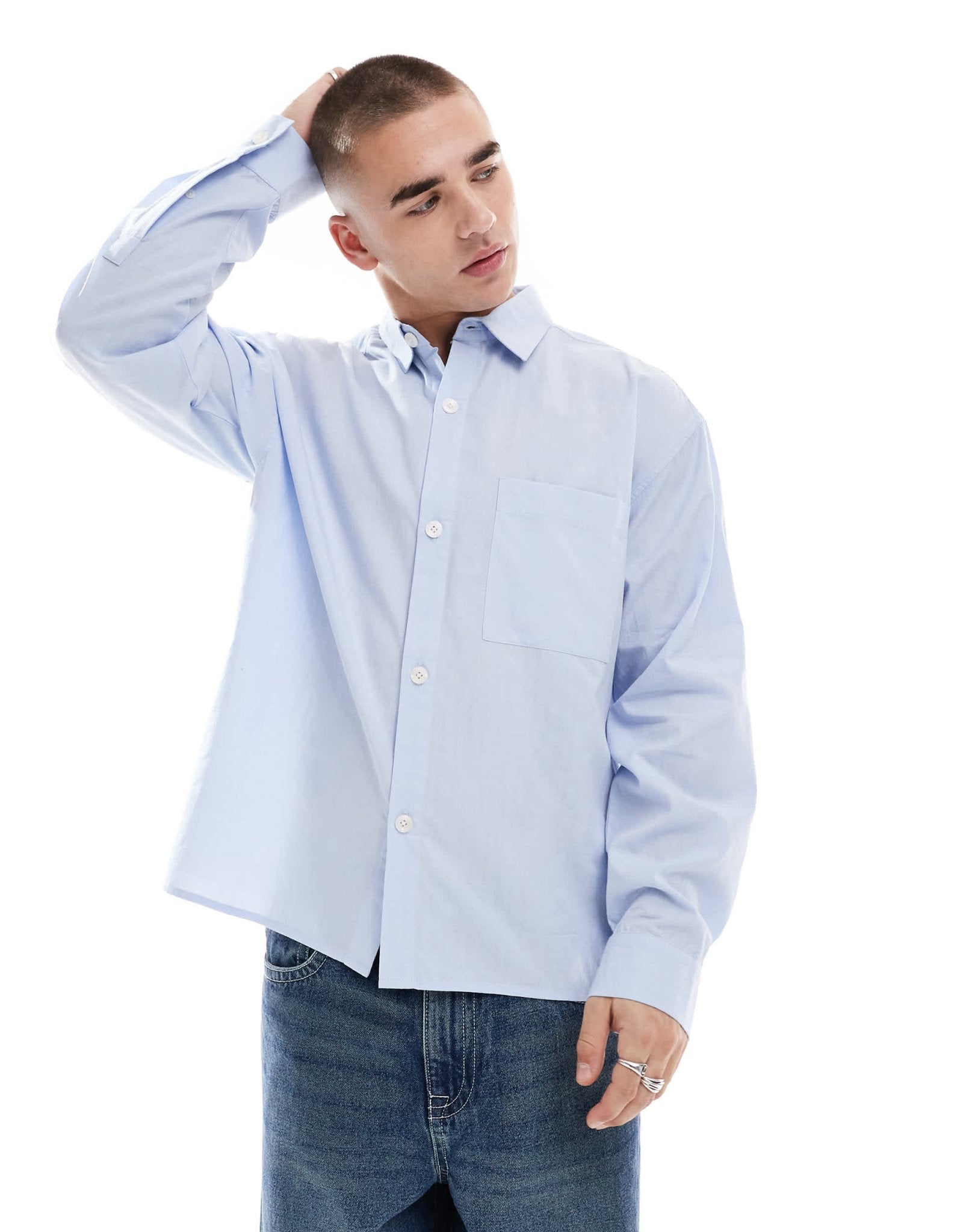 Cotton On long sleeve cotton poplin shirt in soft blue - ASOS Sample Sale