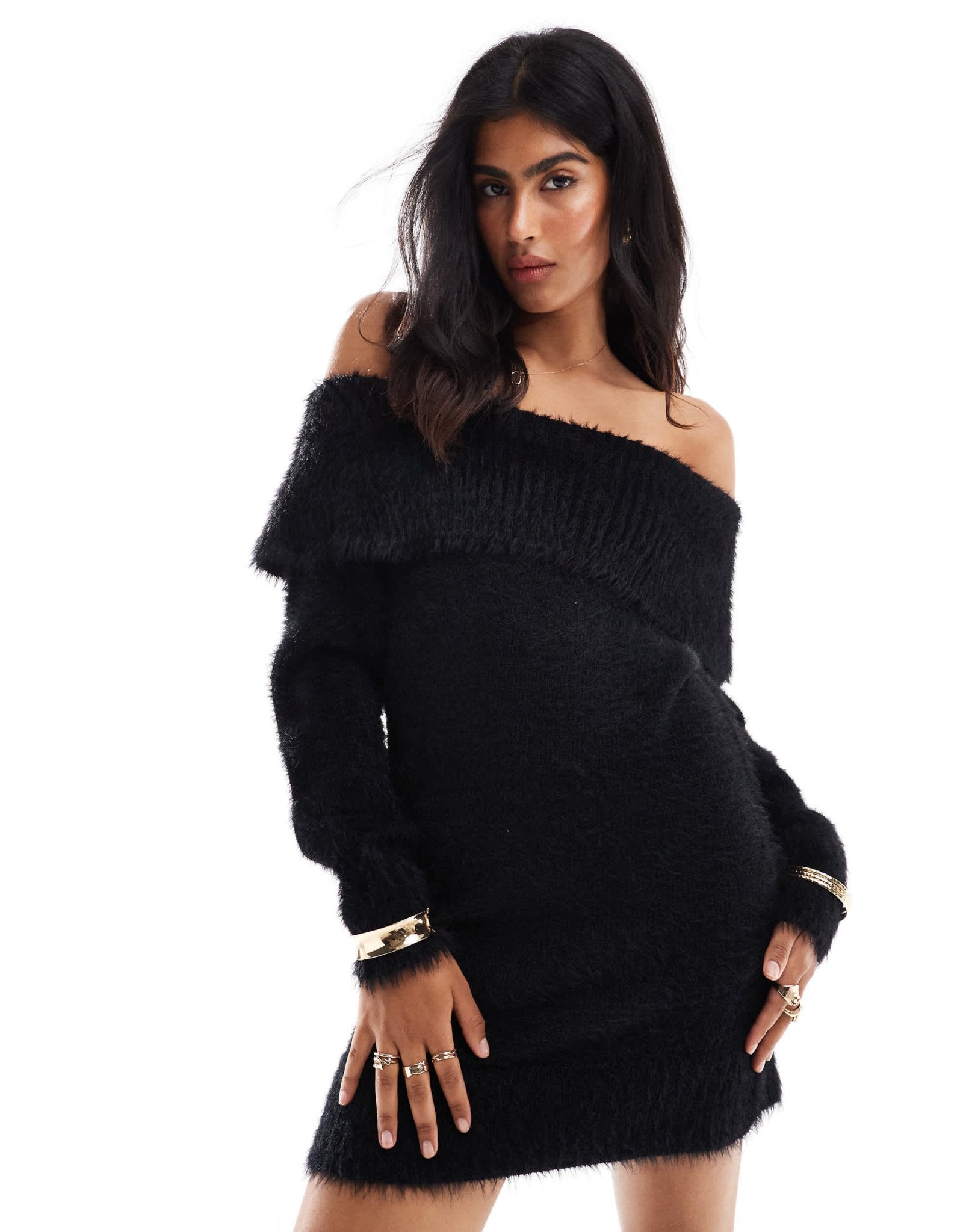 Cotton On off shoulder fluffy mini dress in black - ASOS Sample Sale