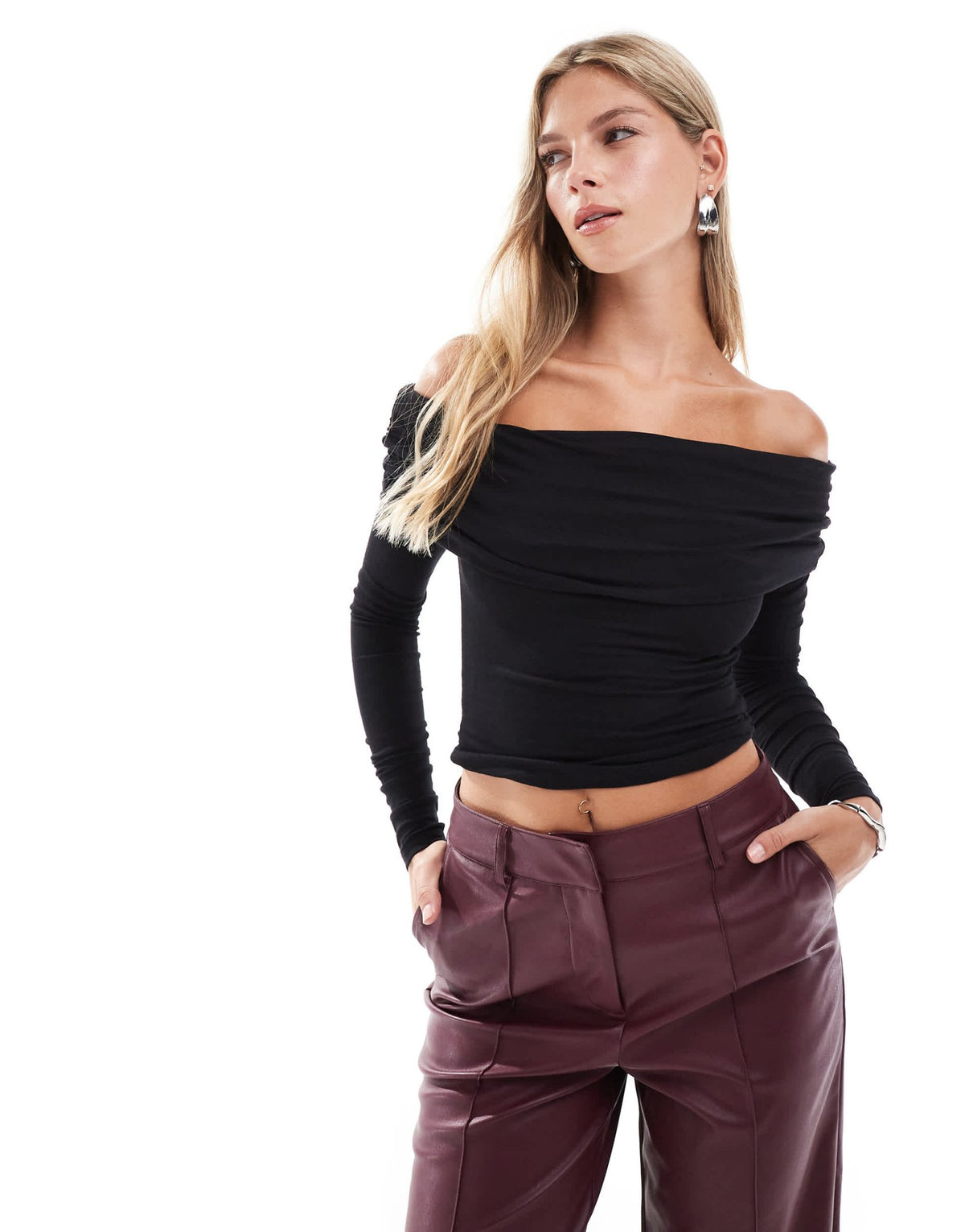 Cotton On Rhi gathered off the shoulder slinky long sleeve top in black - ASOS Sample Sale
