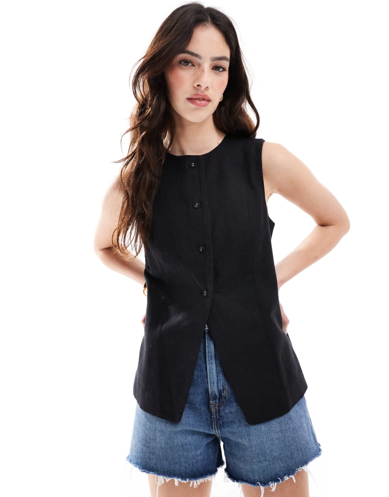 Cotton On Sienna linen cotton vest in black - ASOS Sample Sale