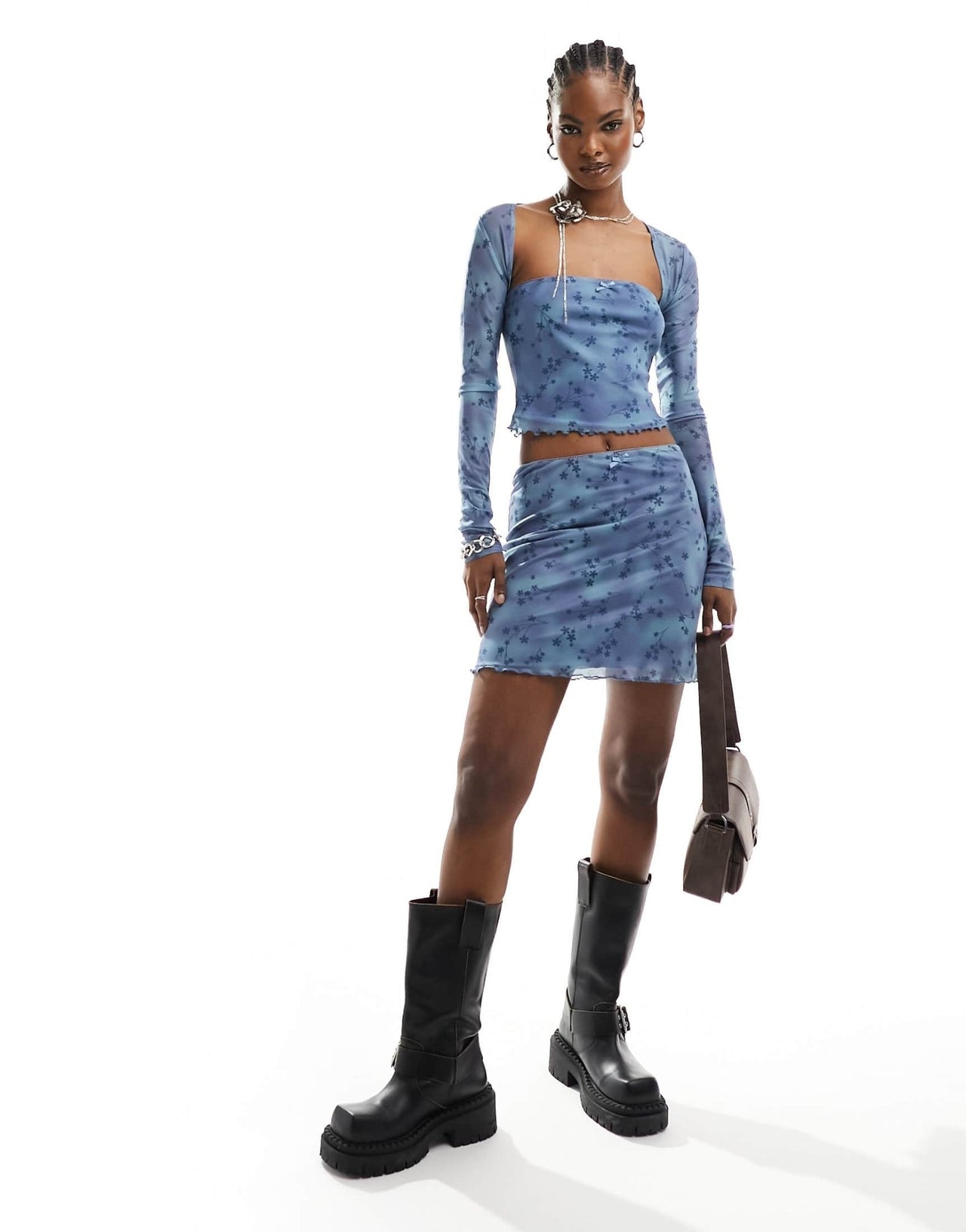 Daisy Street bow detail mini skirt in blue floral mesh co - ord - ASOS Sample Sale