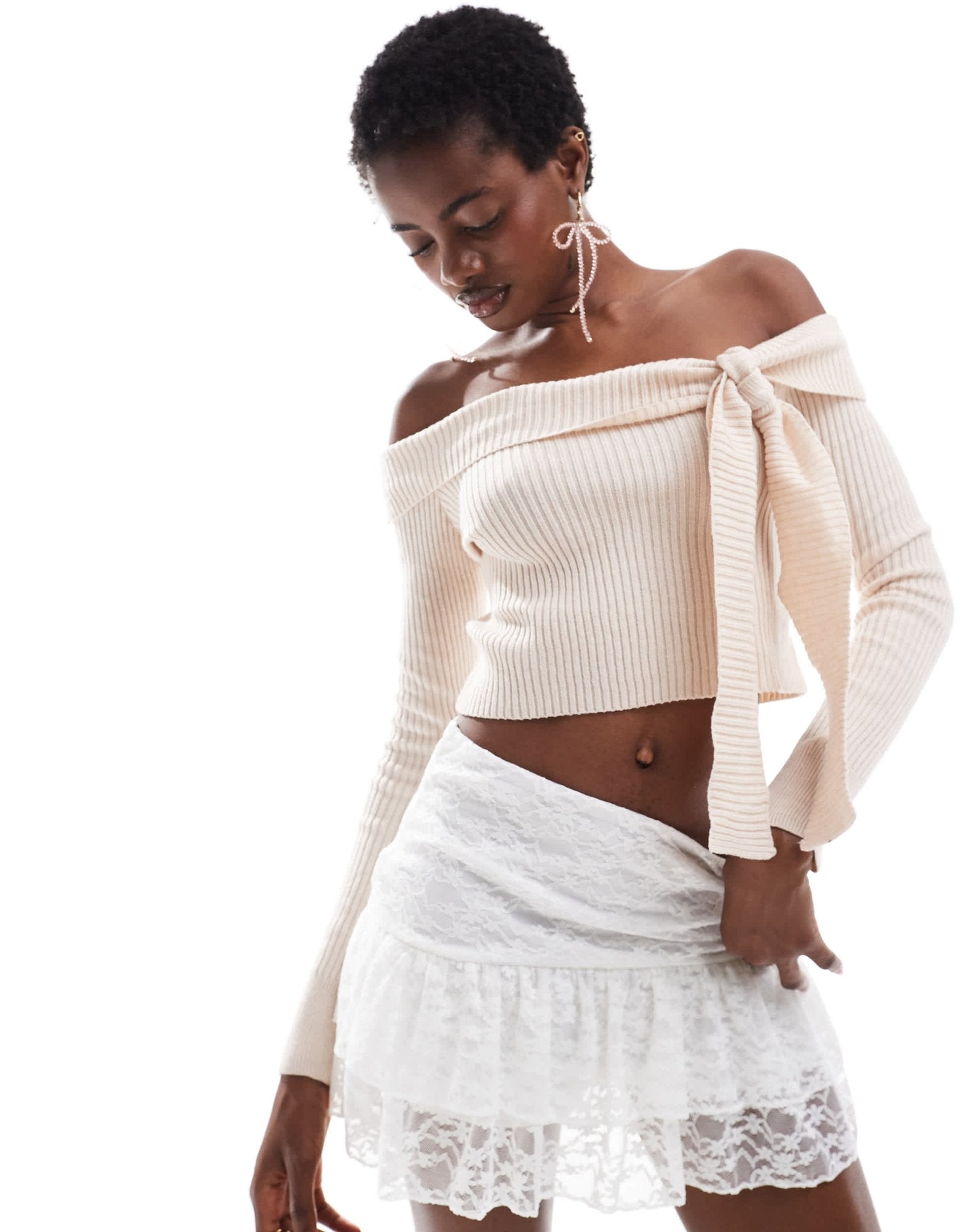 Daisy Street cream off the shoulder rib jumper with tie detail - ASOS Sample Sale