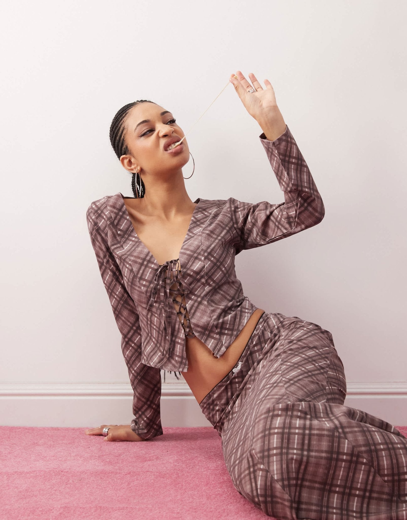 Daisy Street crop tie front top in burgundy check co - ord - ASOS Sample Sale