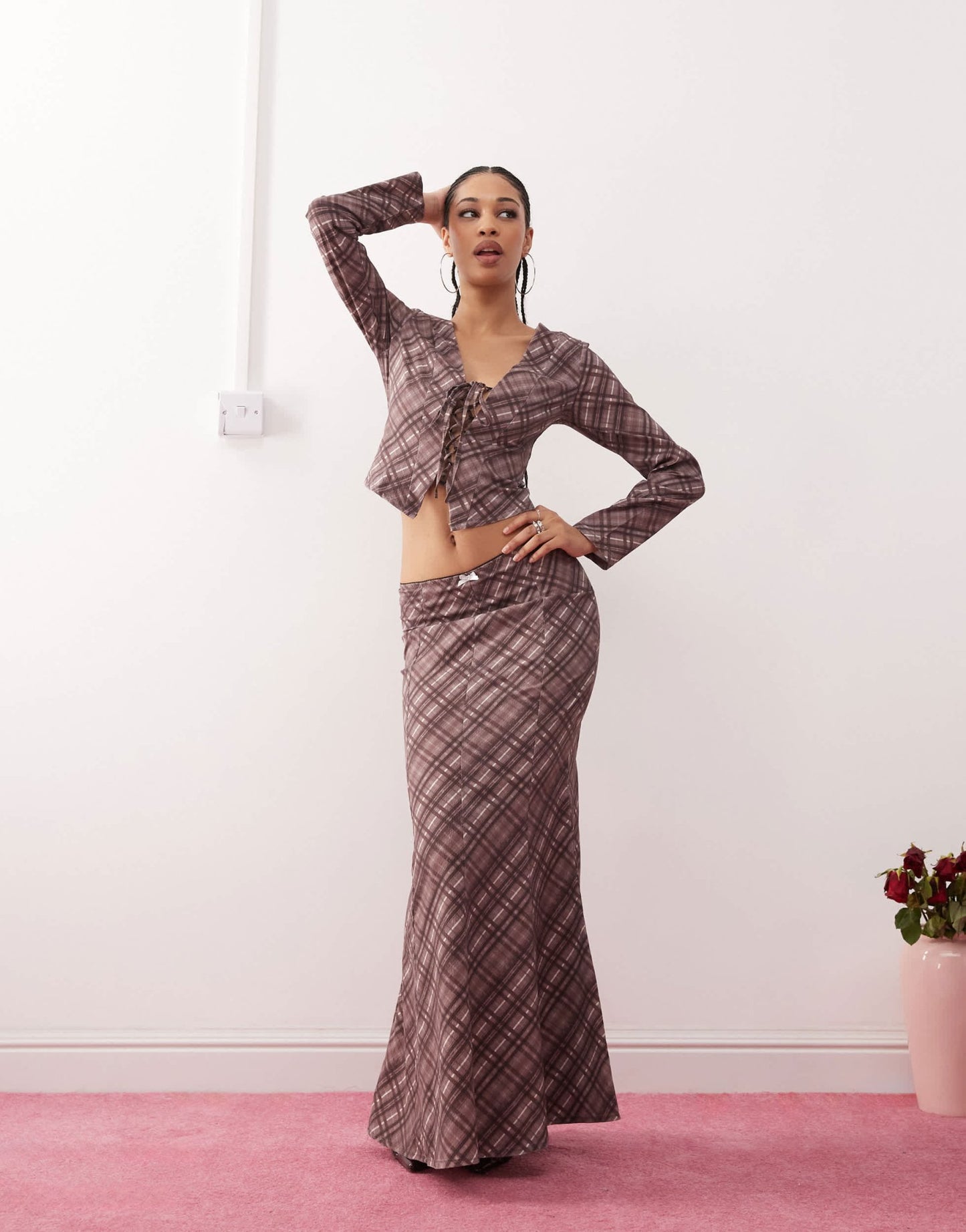 Daisy Street crop tie front top in burgundy check co - ord - ASOS Sample Sale
