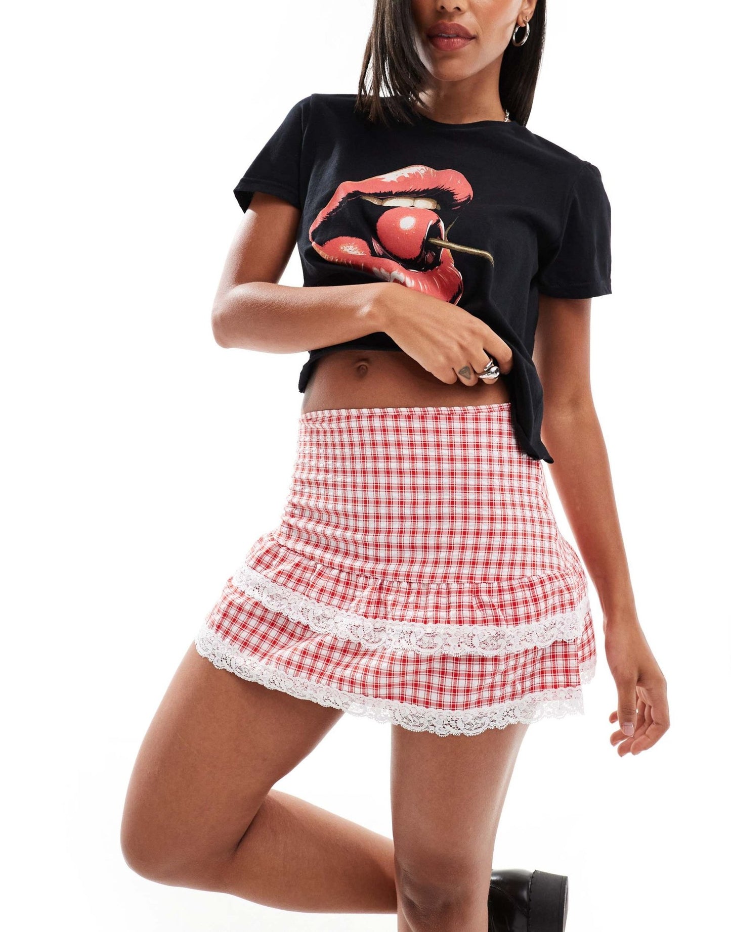 Daisy Street double layer mini rara skirt in red gingham - ASOS Sample Sale