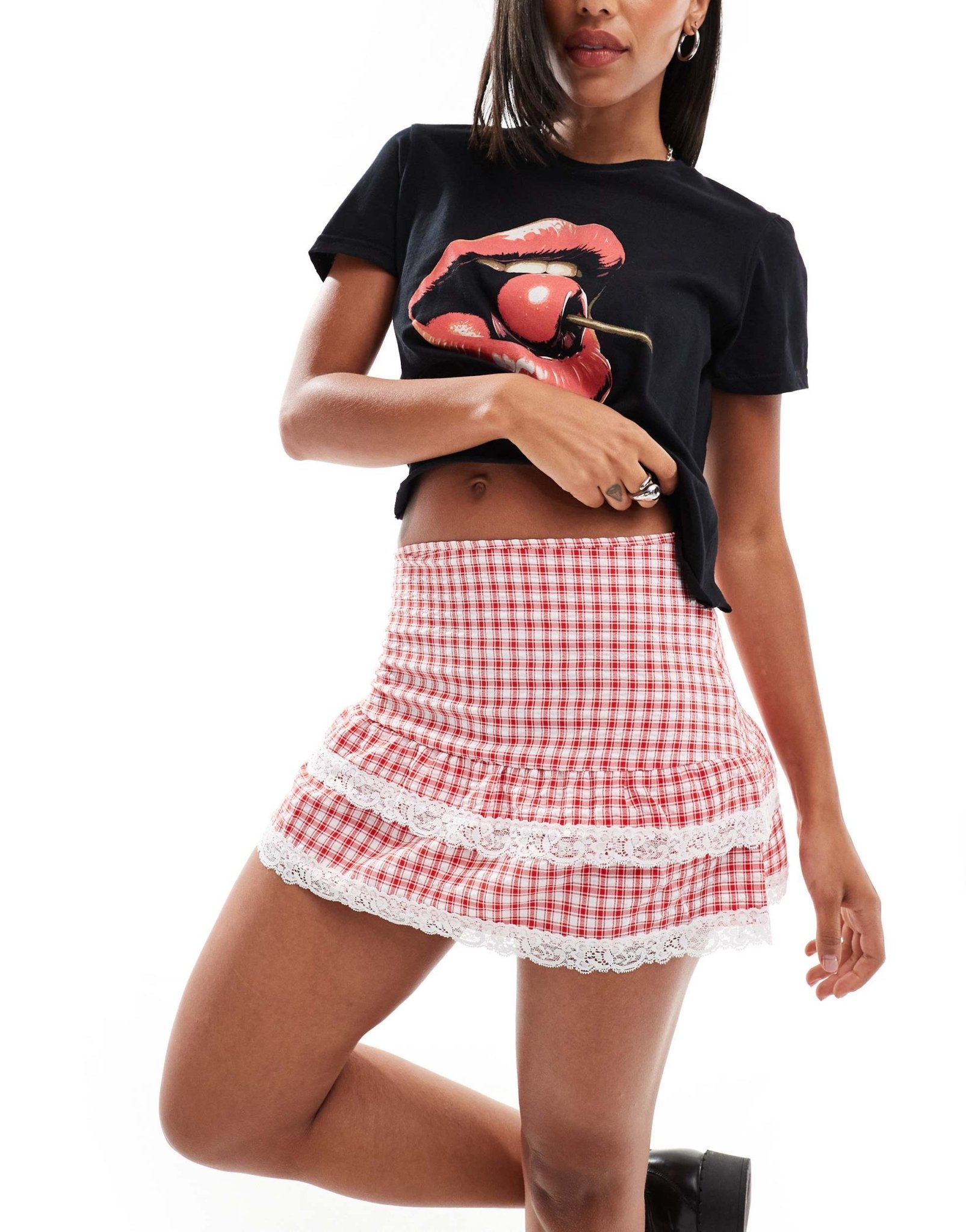 Daisy Street double layer mini rara skirt in red gingham - ASOS Sample Sale