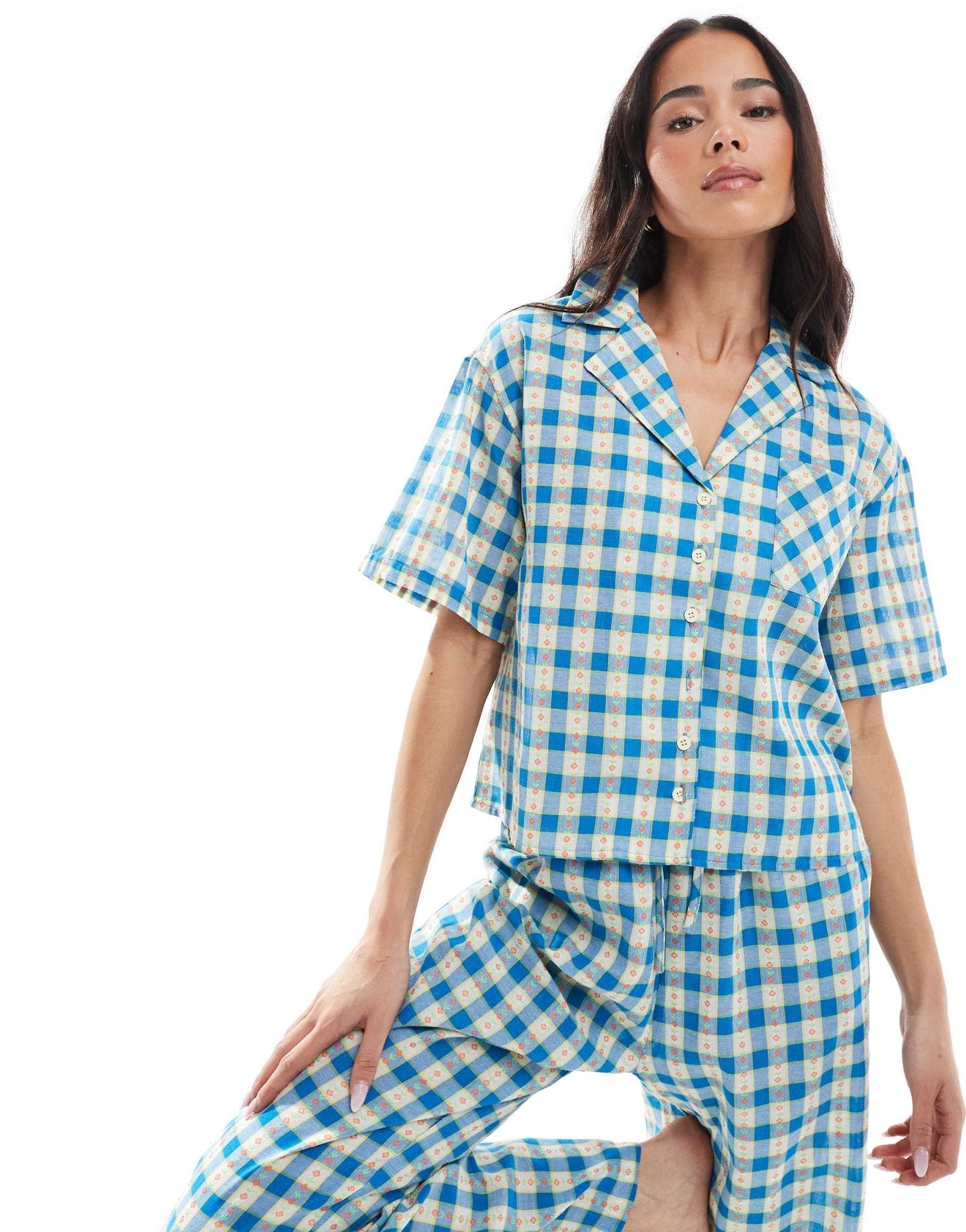 Daisy Street floral check pyjama shirt - ASOS Sample Sale