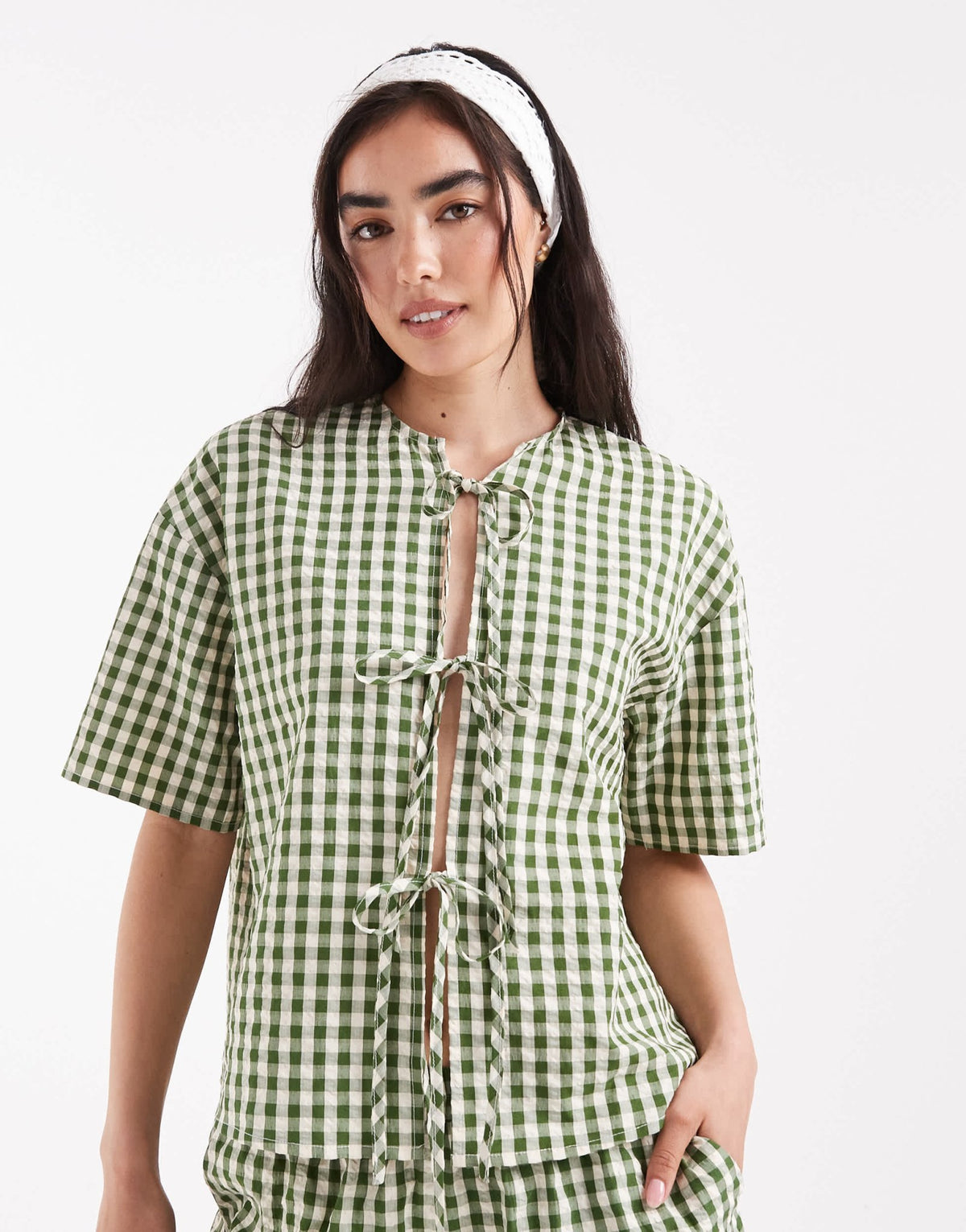 Daisy Street gingham tie front top in green check co-ord - ASOS Sample Sale