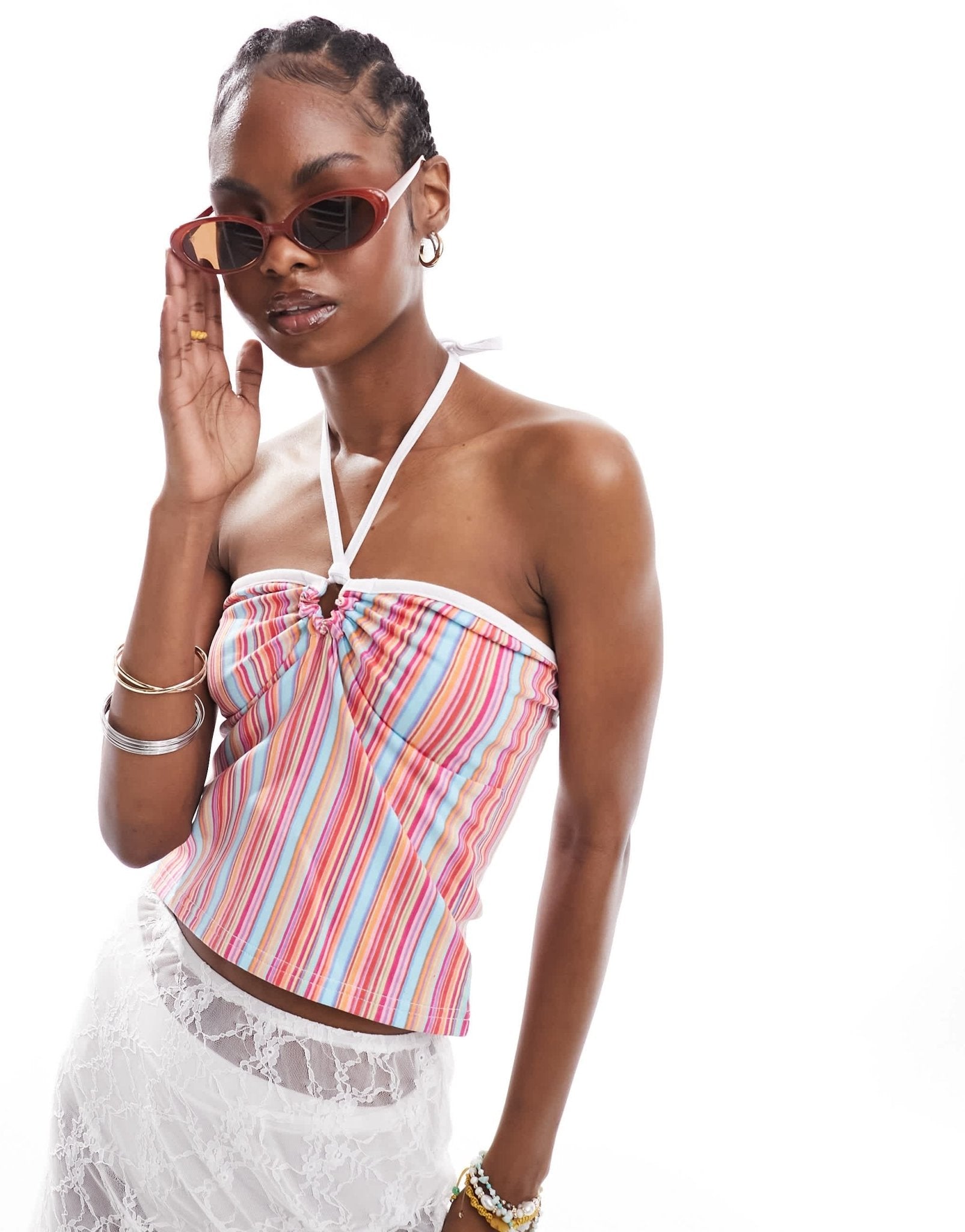 Daisy Street halter neck strappy Y2K crop top in bright stripe - ASOS Sample Sale